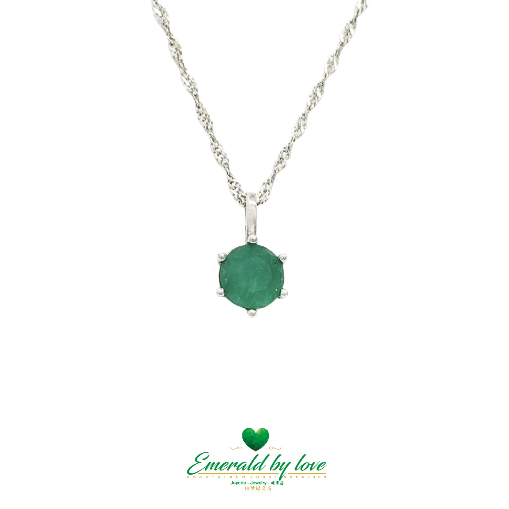 Round Emerald Solitaire Pendant in Sterling Silver – 6 Prong Setting