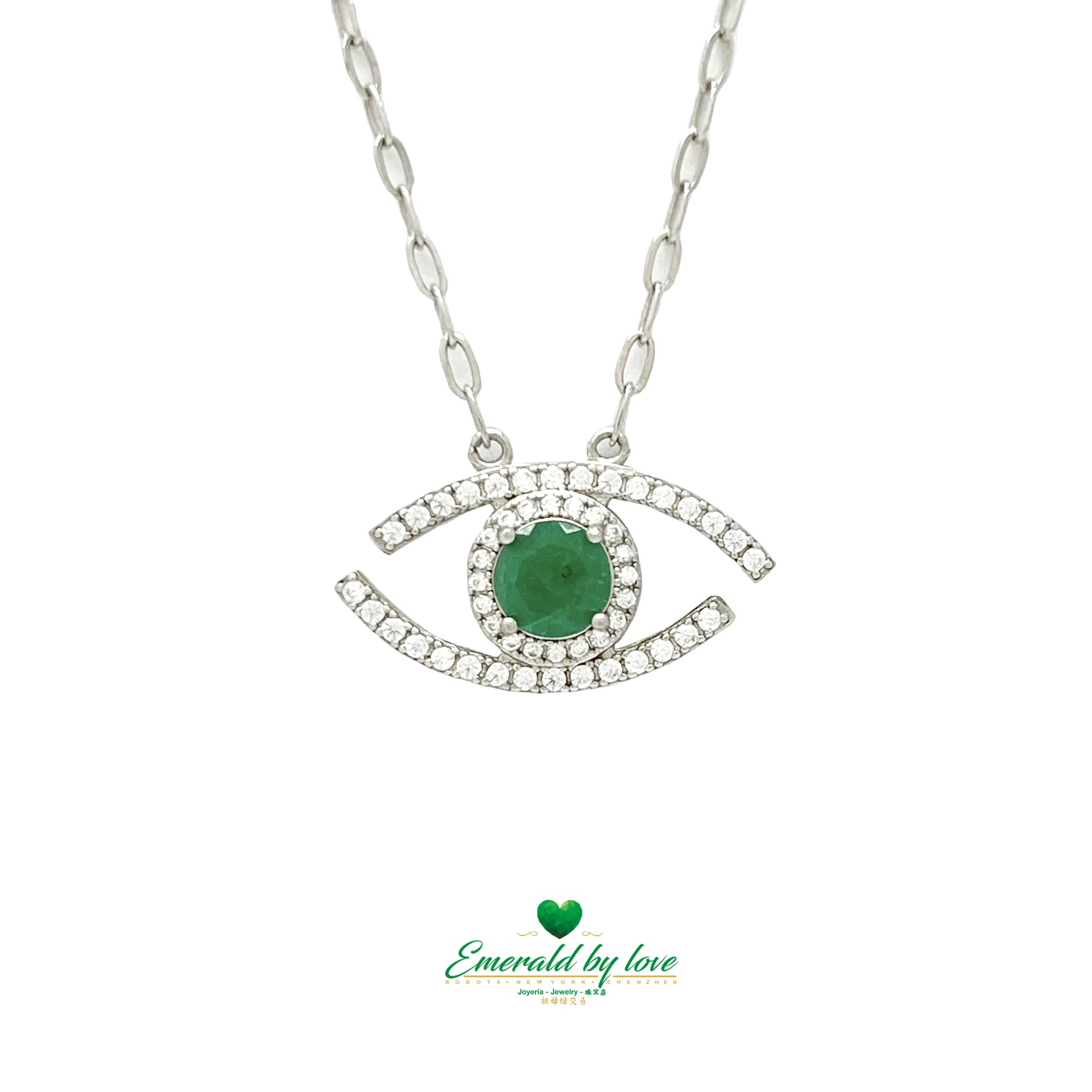 Medium Eye-Shaped Pendant with Central Round Emerald