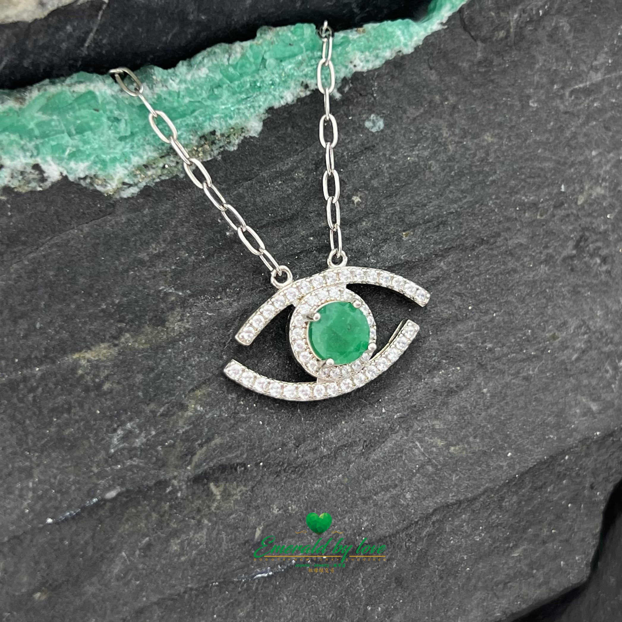 Medium Eye-Shaped Pendant with Central Round Emerald