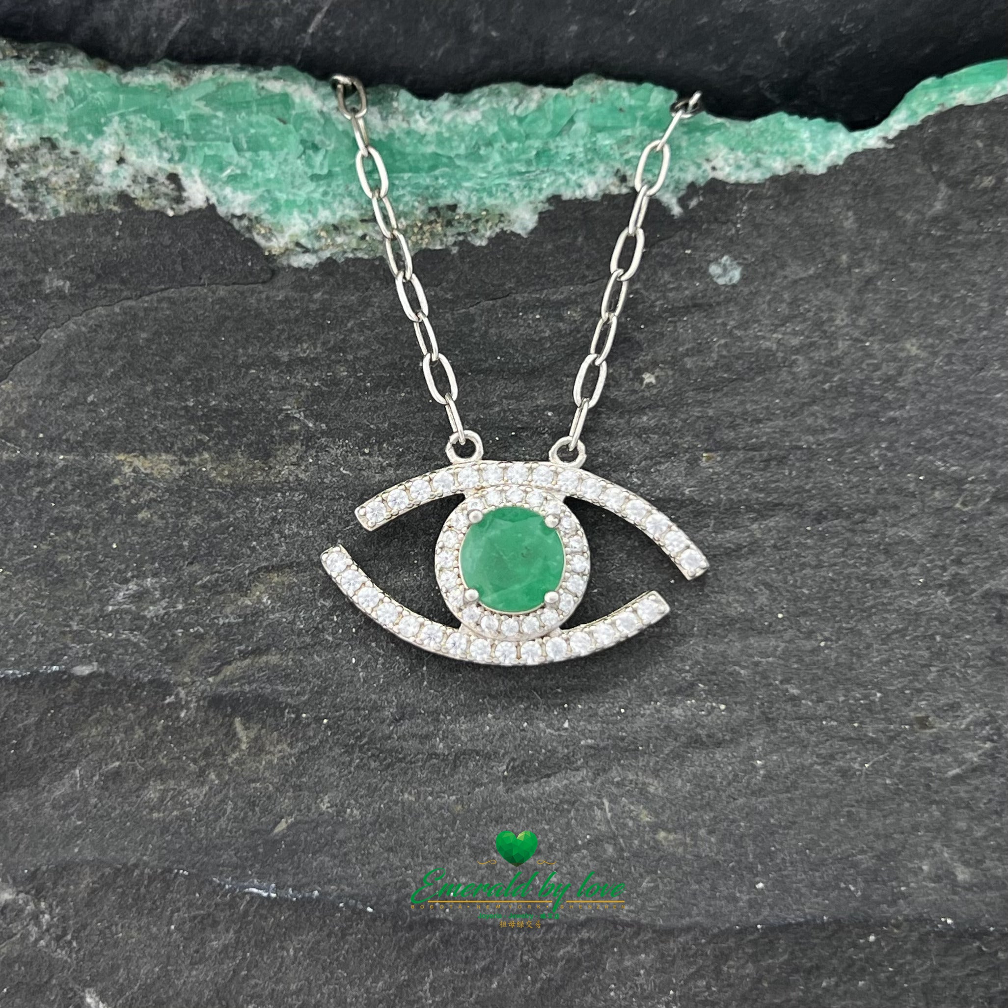 Medium Eye-Shaped Pendant with Central Round Emerald