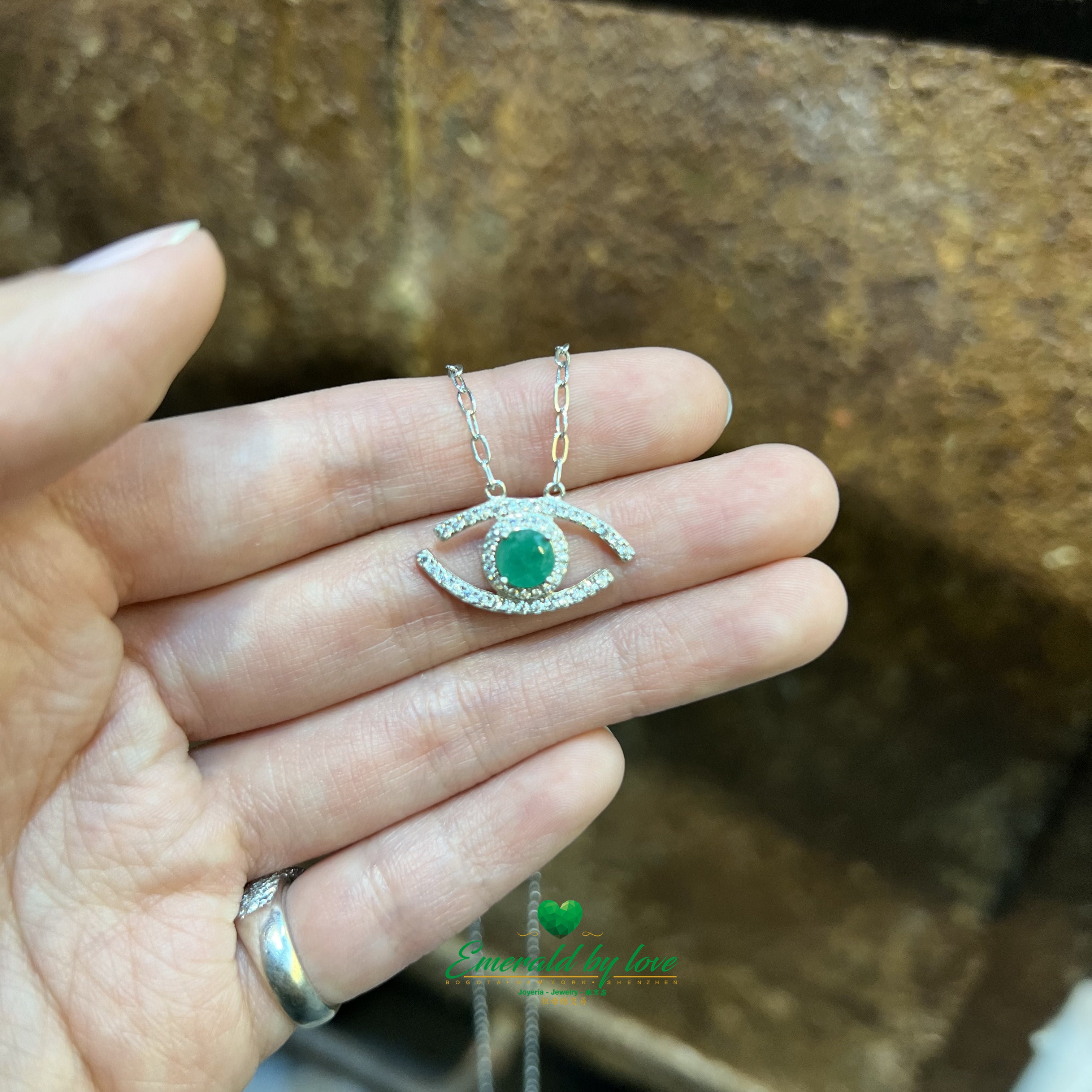 Medium Eye-Shaped Pendant with Central Round Emerald