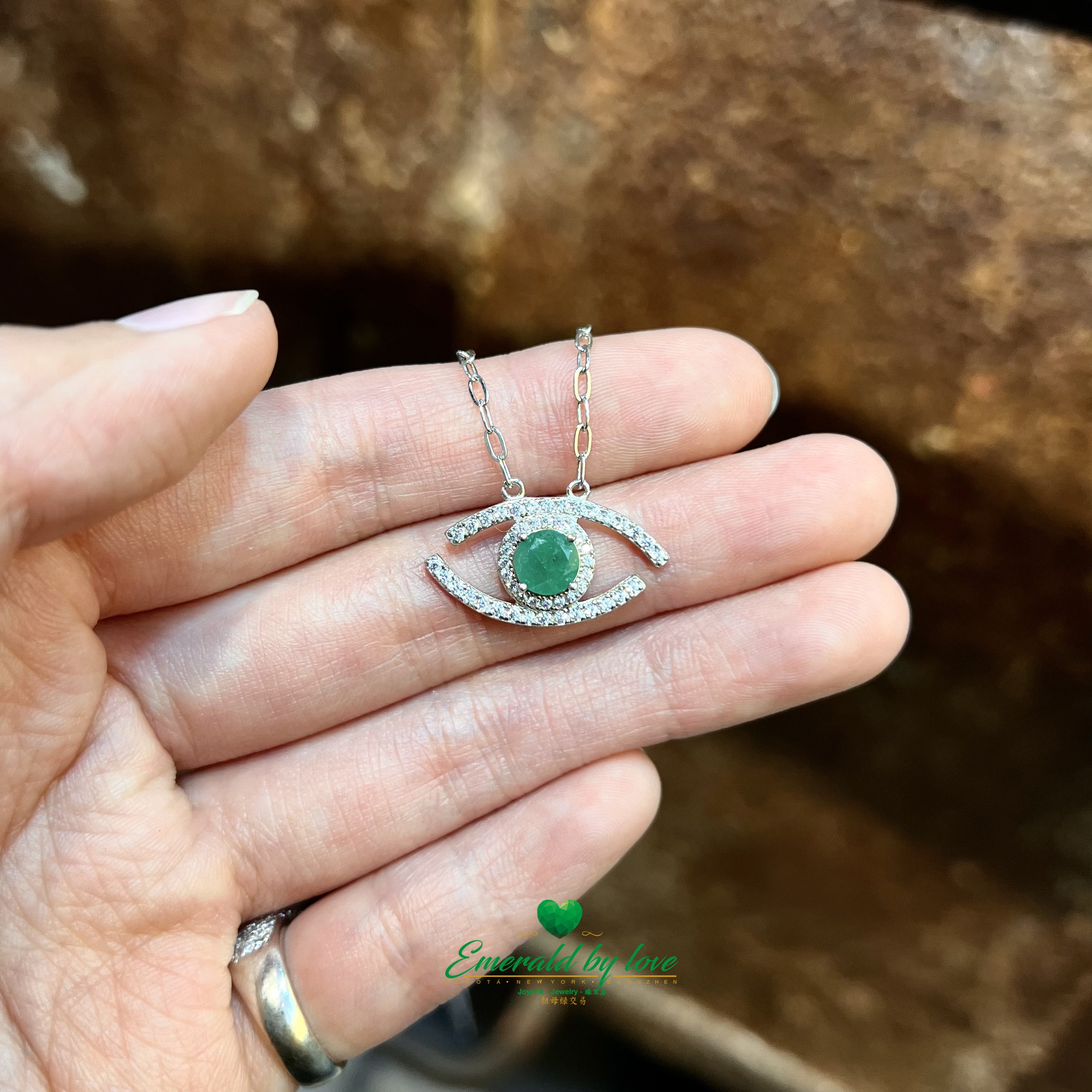 Medium Eye-Shaped Pendant with Central Round Emerald