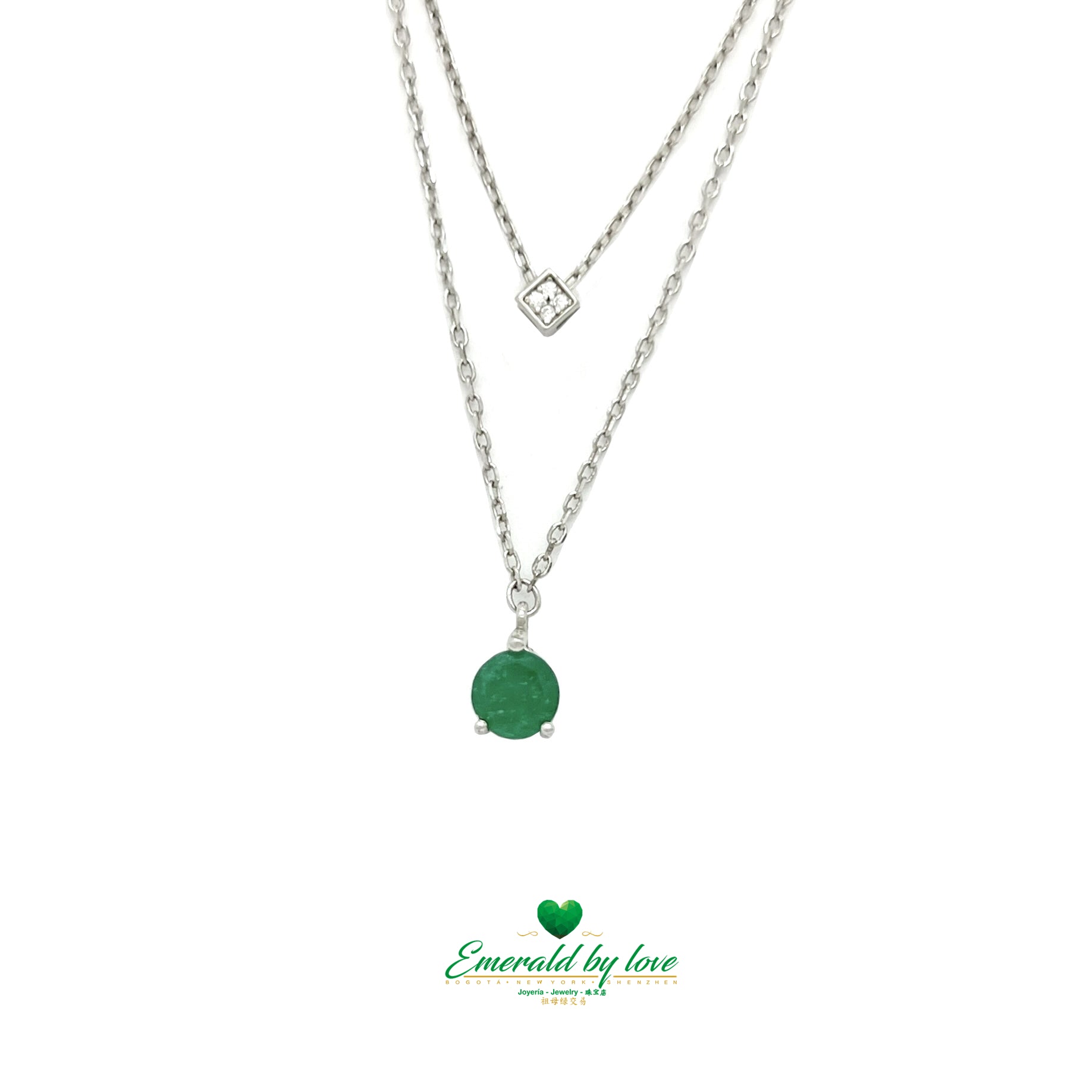 Double Chain Pendant with Cube Zircon and Round Emerald