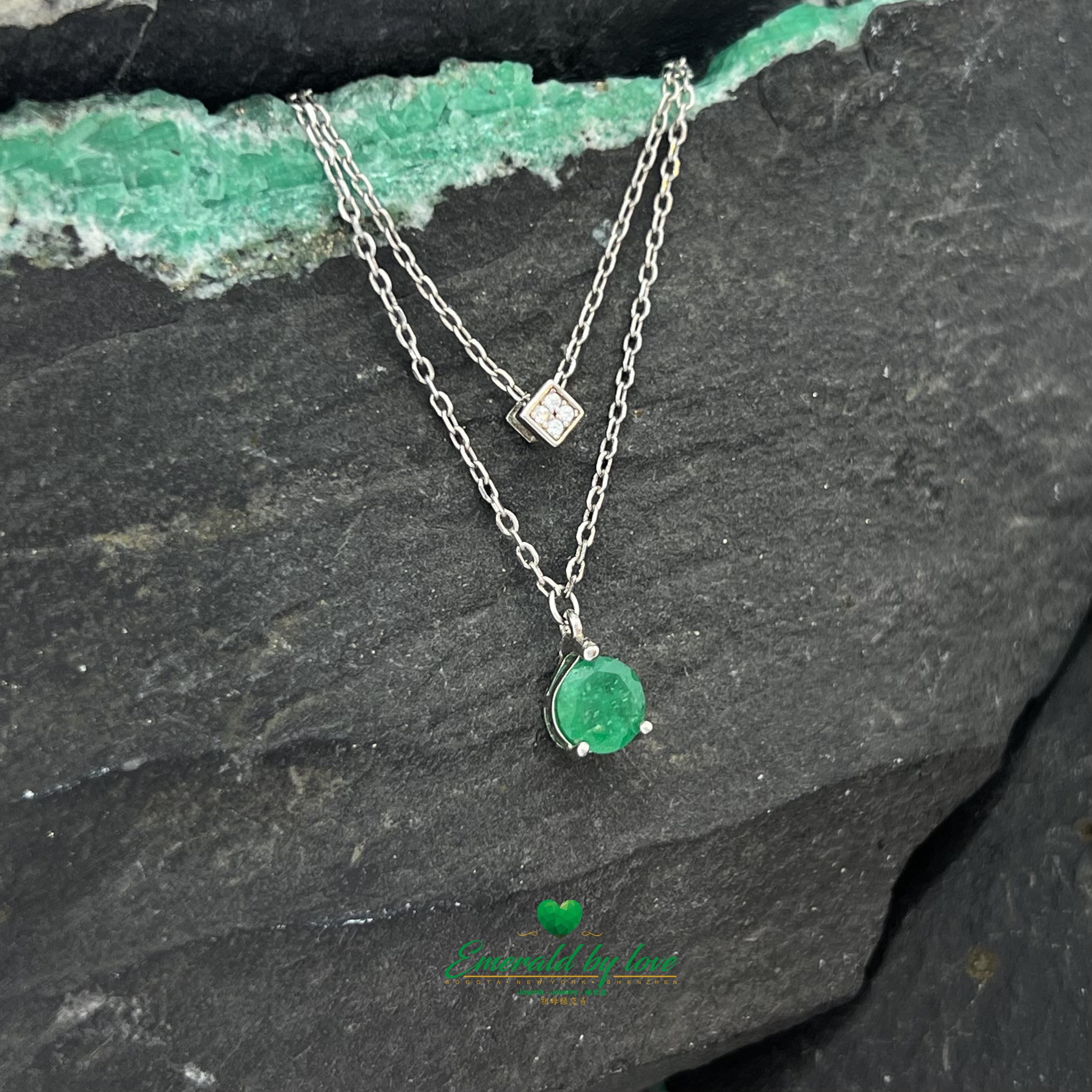 Double Chain Pendant with Cube Zircon and Round Emerald