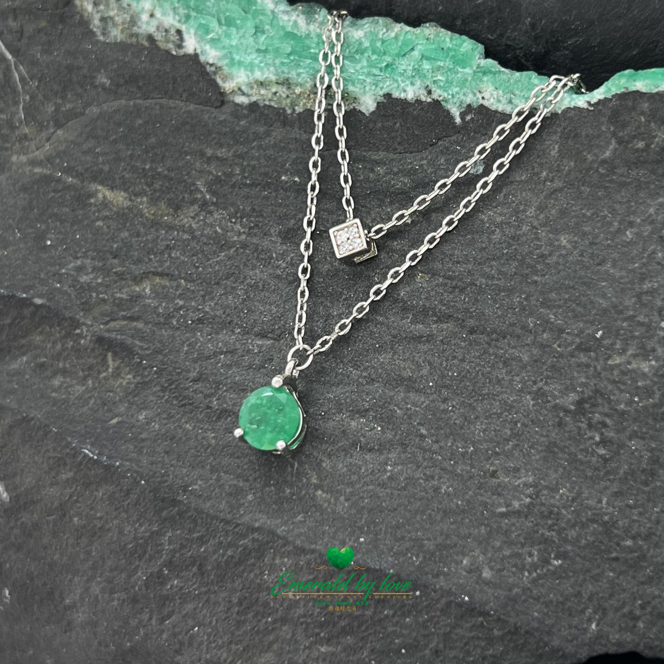 Double Chain Pendant with Cube Zircon and Round Emerald