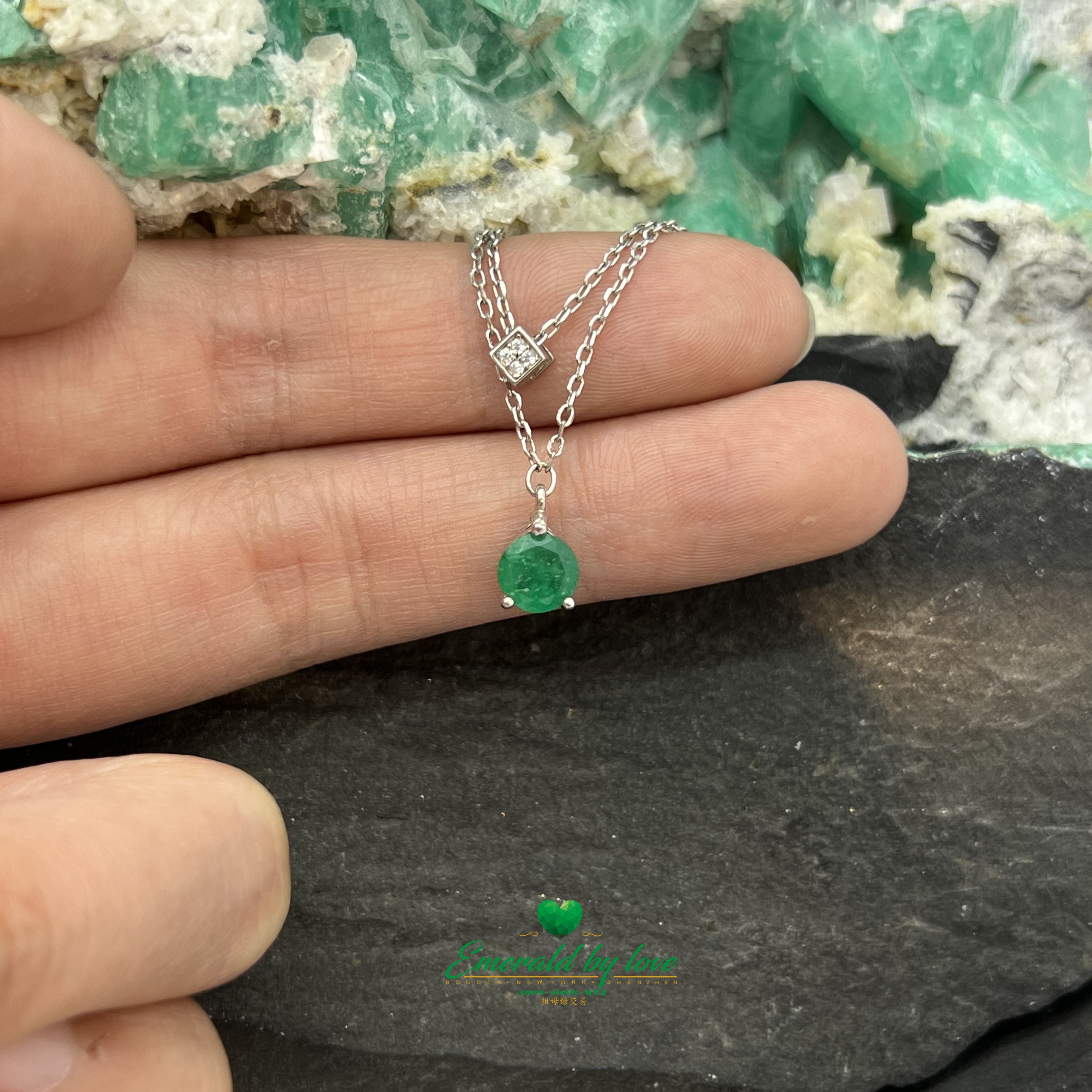 Double Chain Pendant with Cube Zircon and Round Emerald