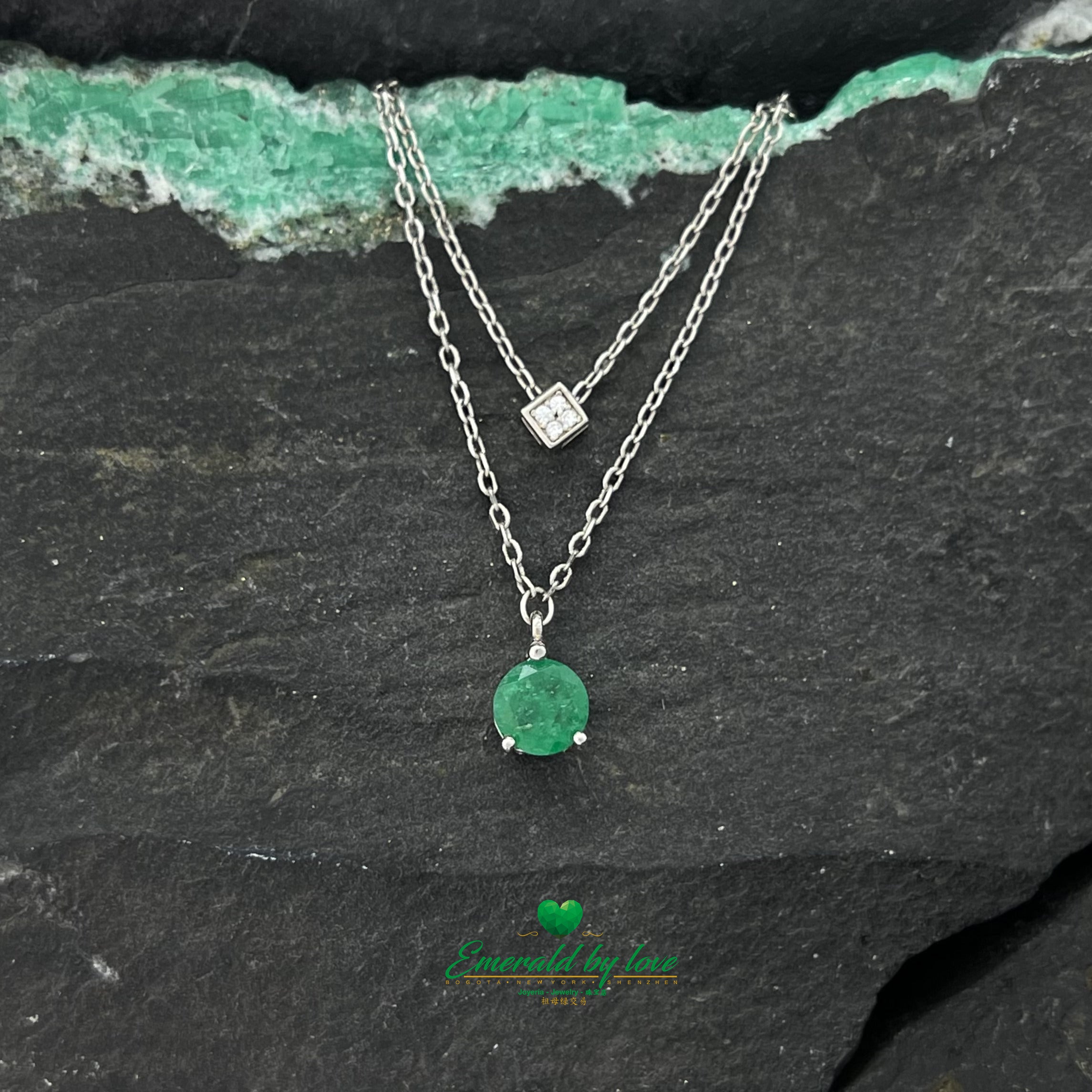 Double Chain Pendant with Cube Zircon and Round Emerald