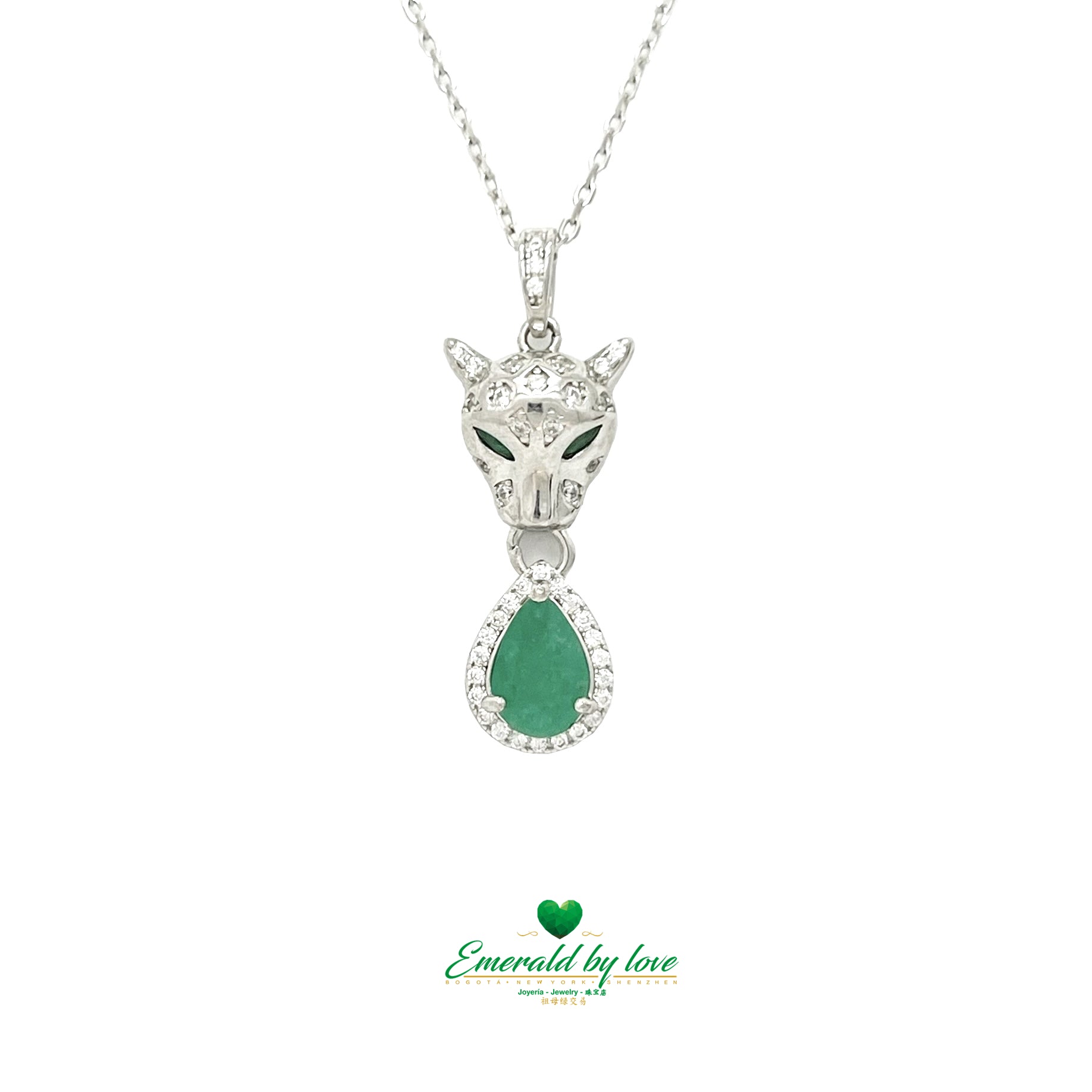 Silver Panther Pendant with Colombian Emerald Teardrop