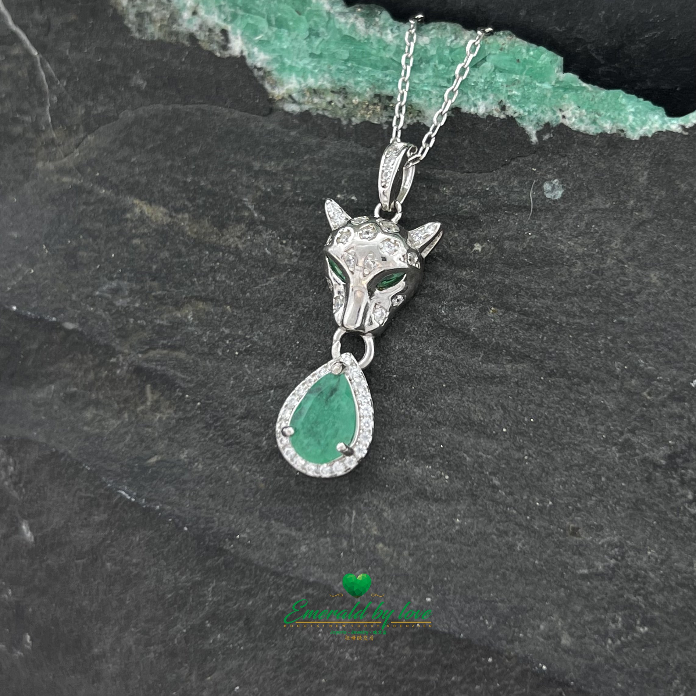 Silver Panther Pendant with Colombian Emerald Teardrop