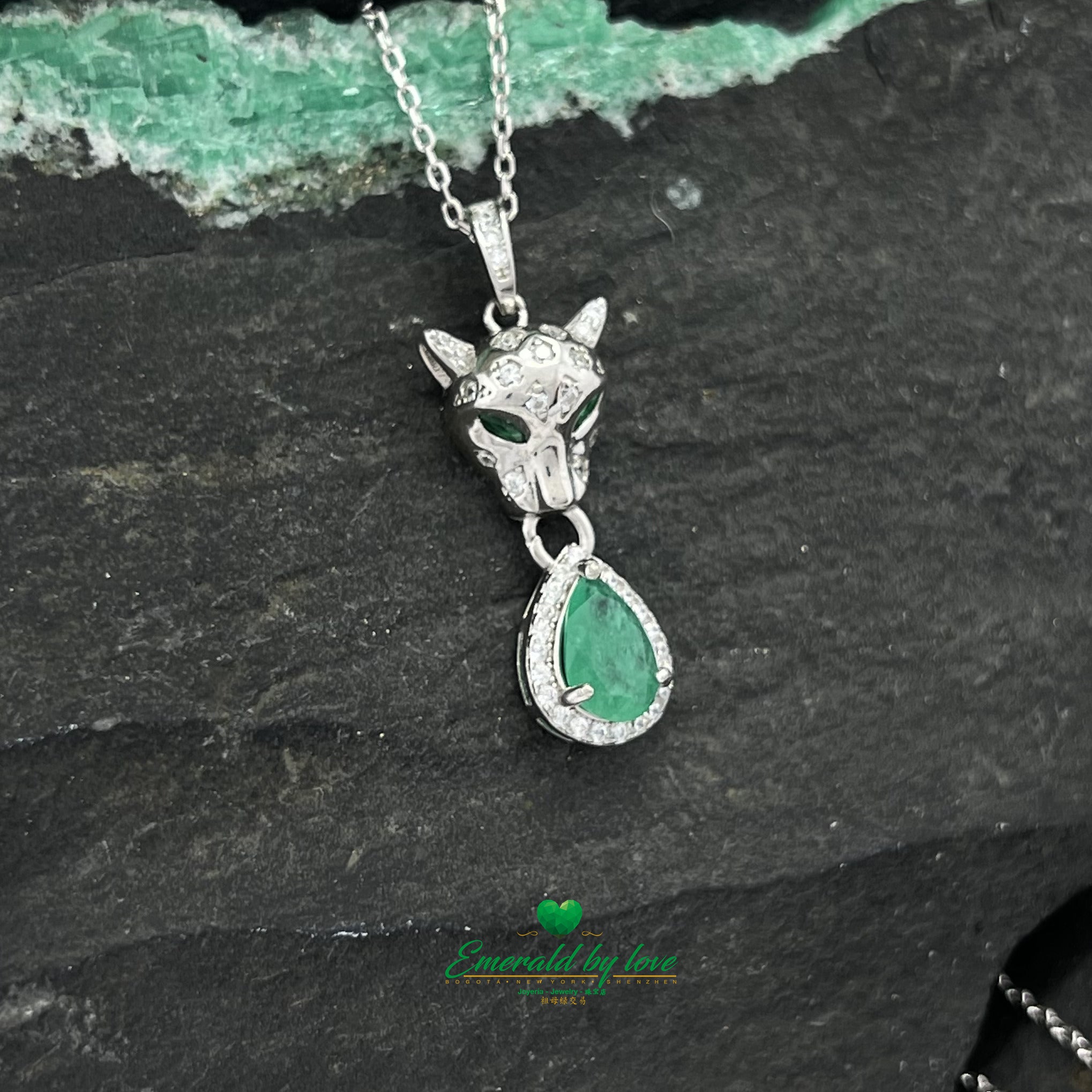 Silver Panther Pendant with Colombian Emerald Teardrop