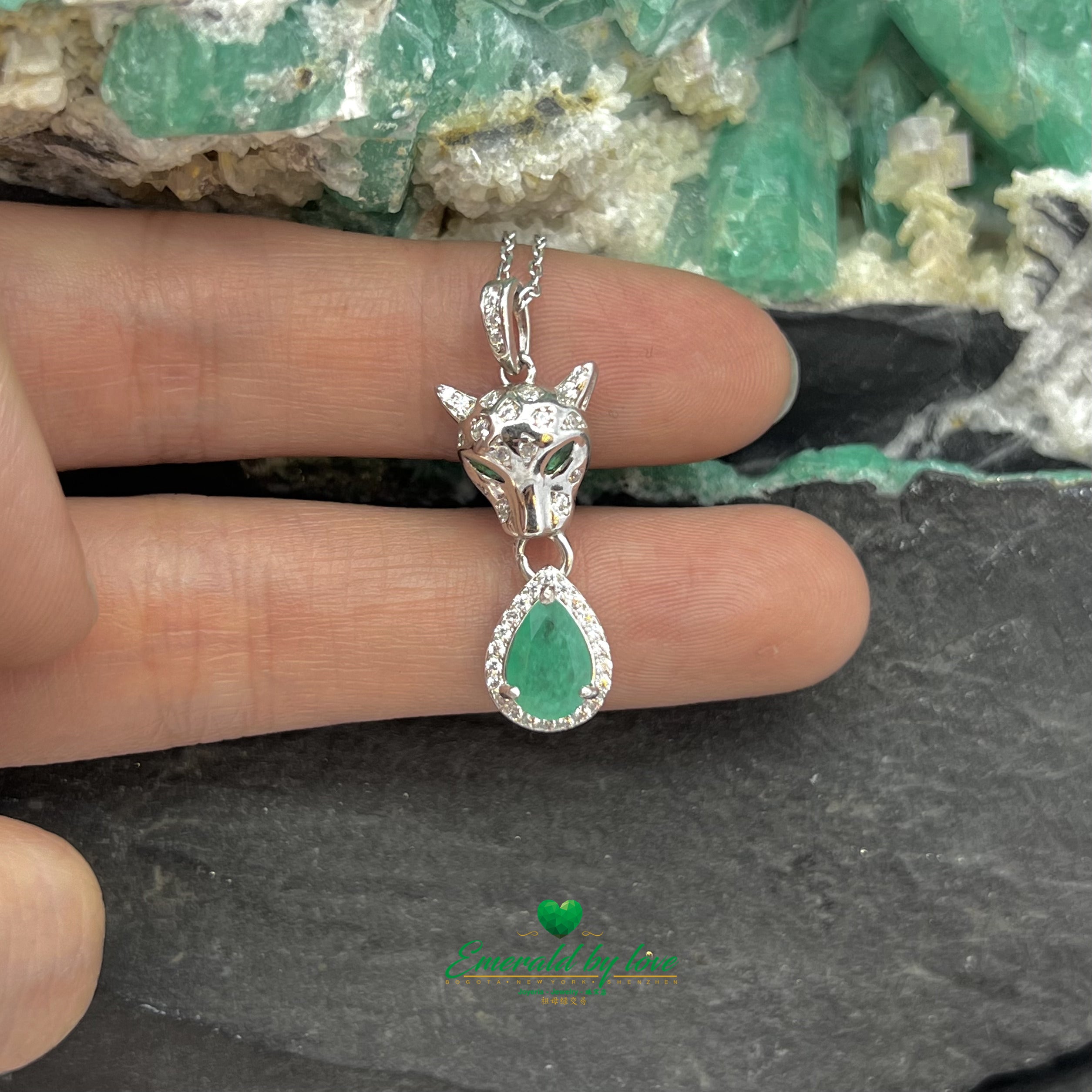 Silver Panther Pendant with Colombian Emerald Teardrop