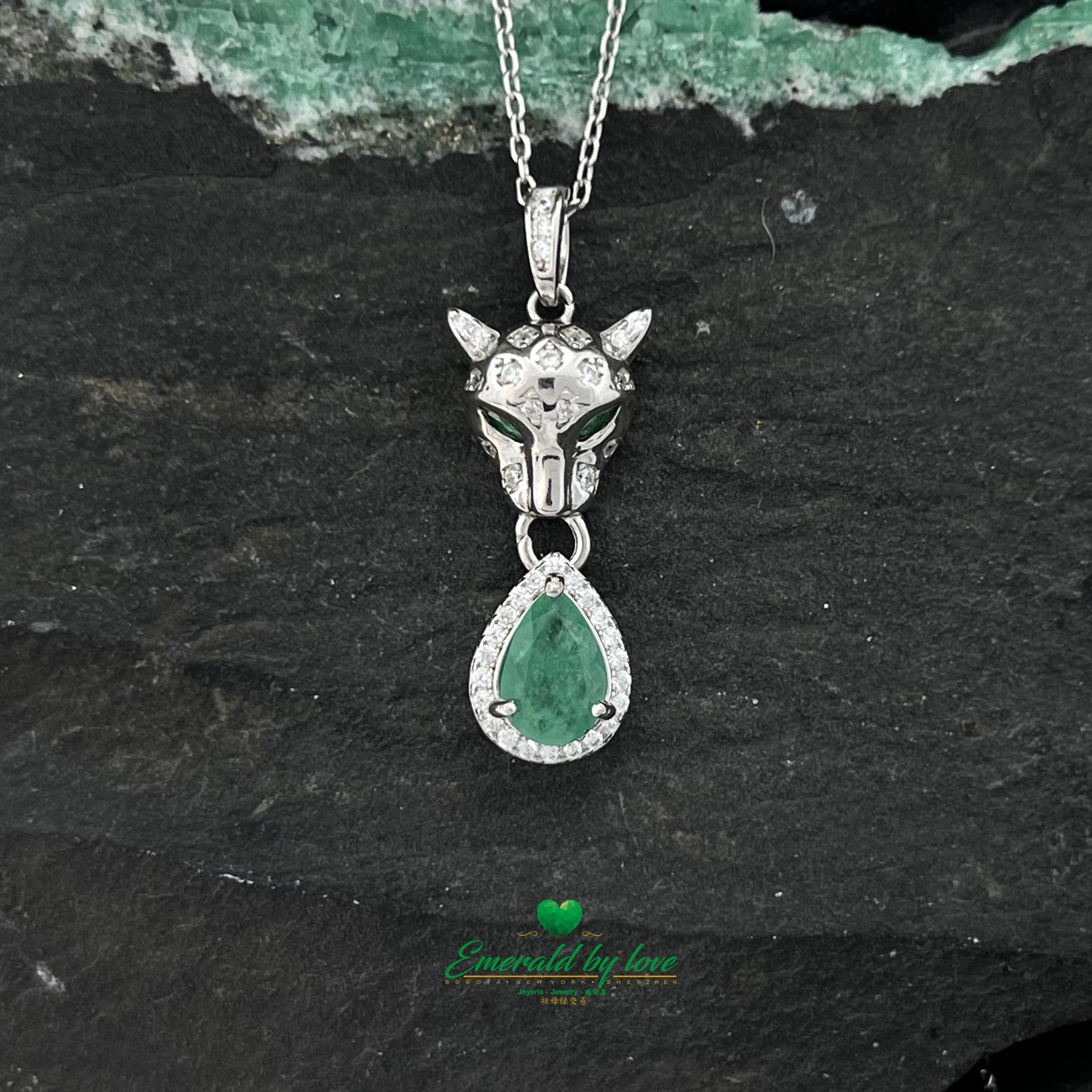 Silver Panther Pendant with Colombian Emerald Teardrop