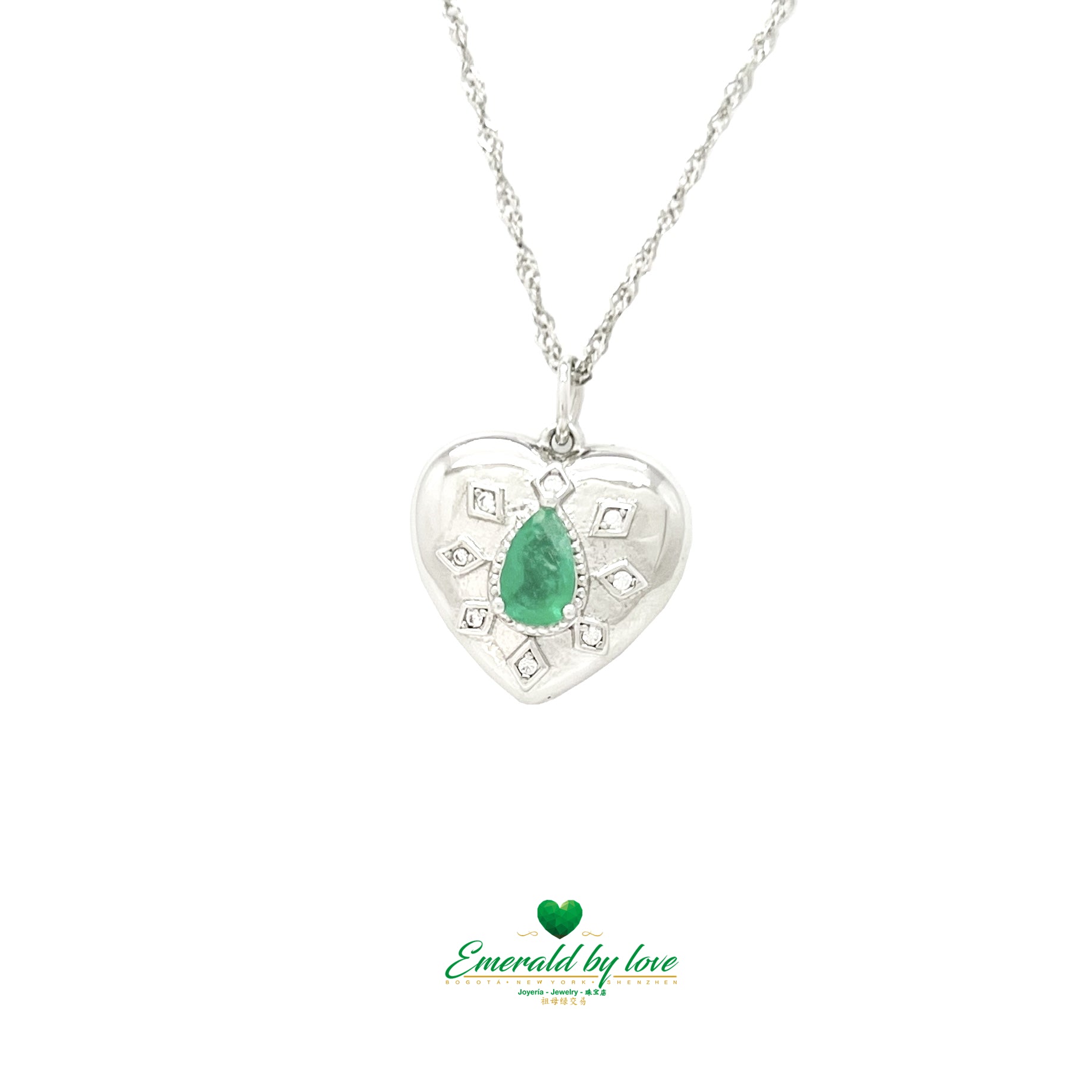 Sterling Silver Heart Pendant with Teardrop Colombian Emerald and Intricate Arabesque Details