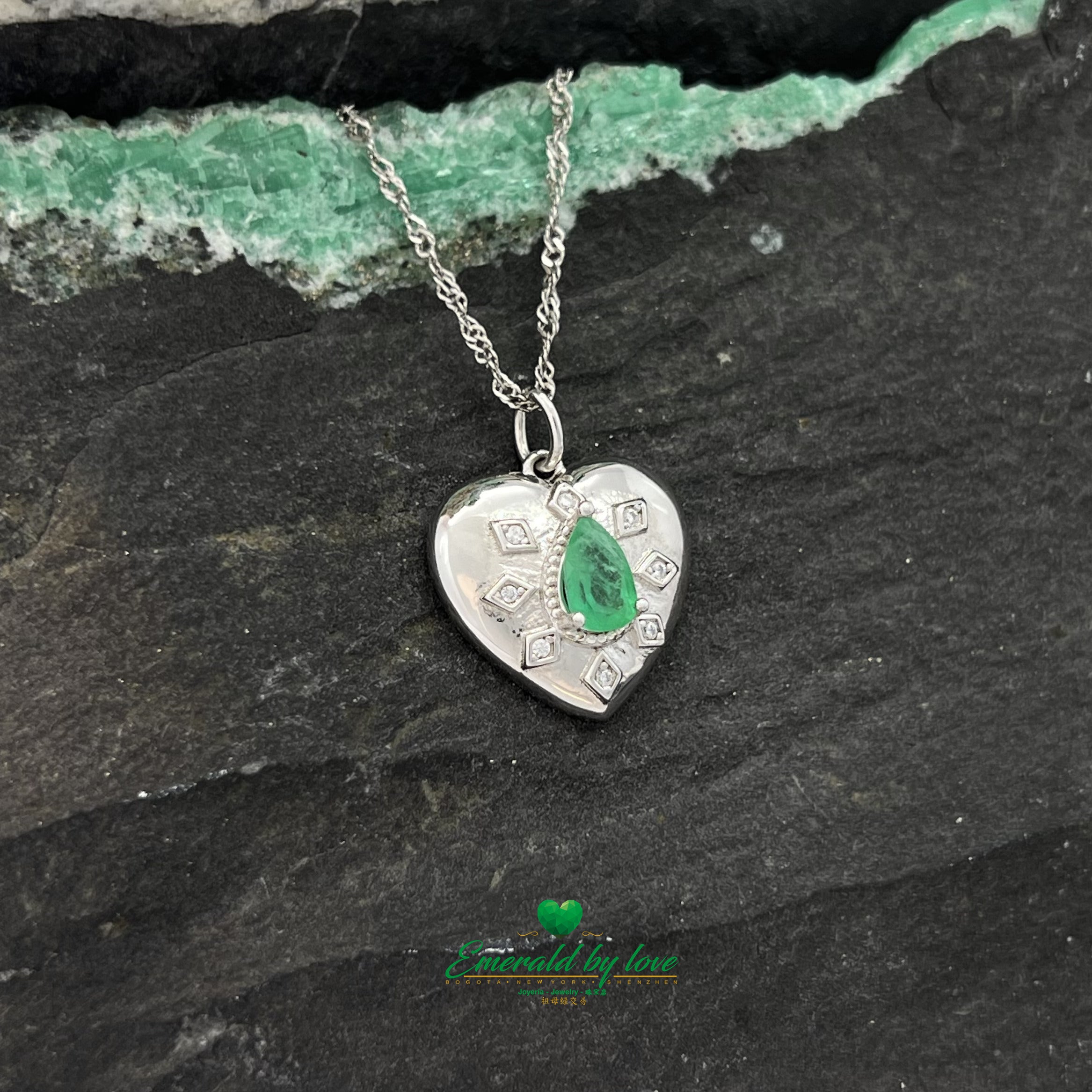 Sterling Silver Heart Pendant with Teardrop Colombian Emerald and Intricate Arabesque Details