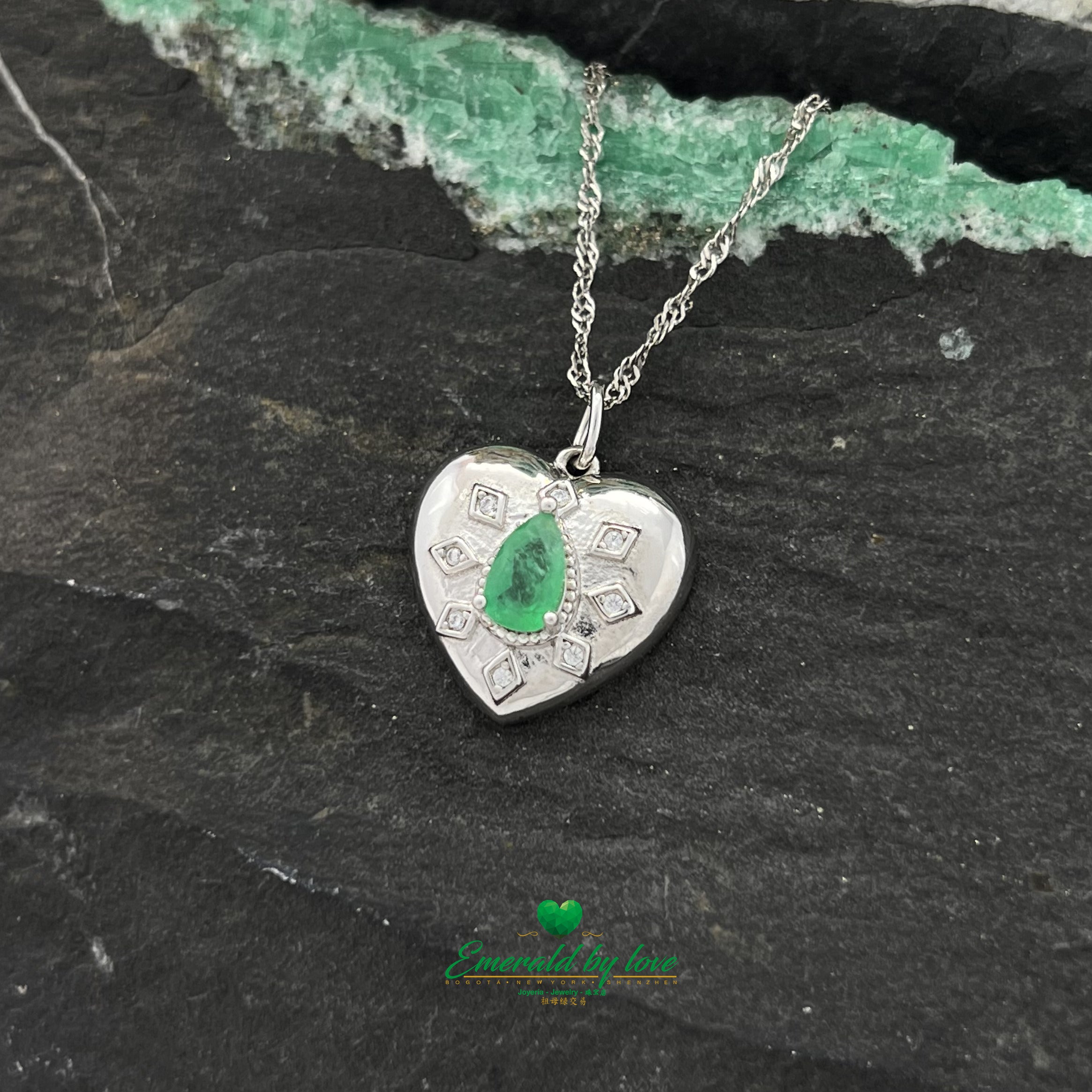 Sterling Silver Heart Pendant with Teardrop Colombian Emerald and Intricate Arabesque Details