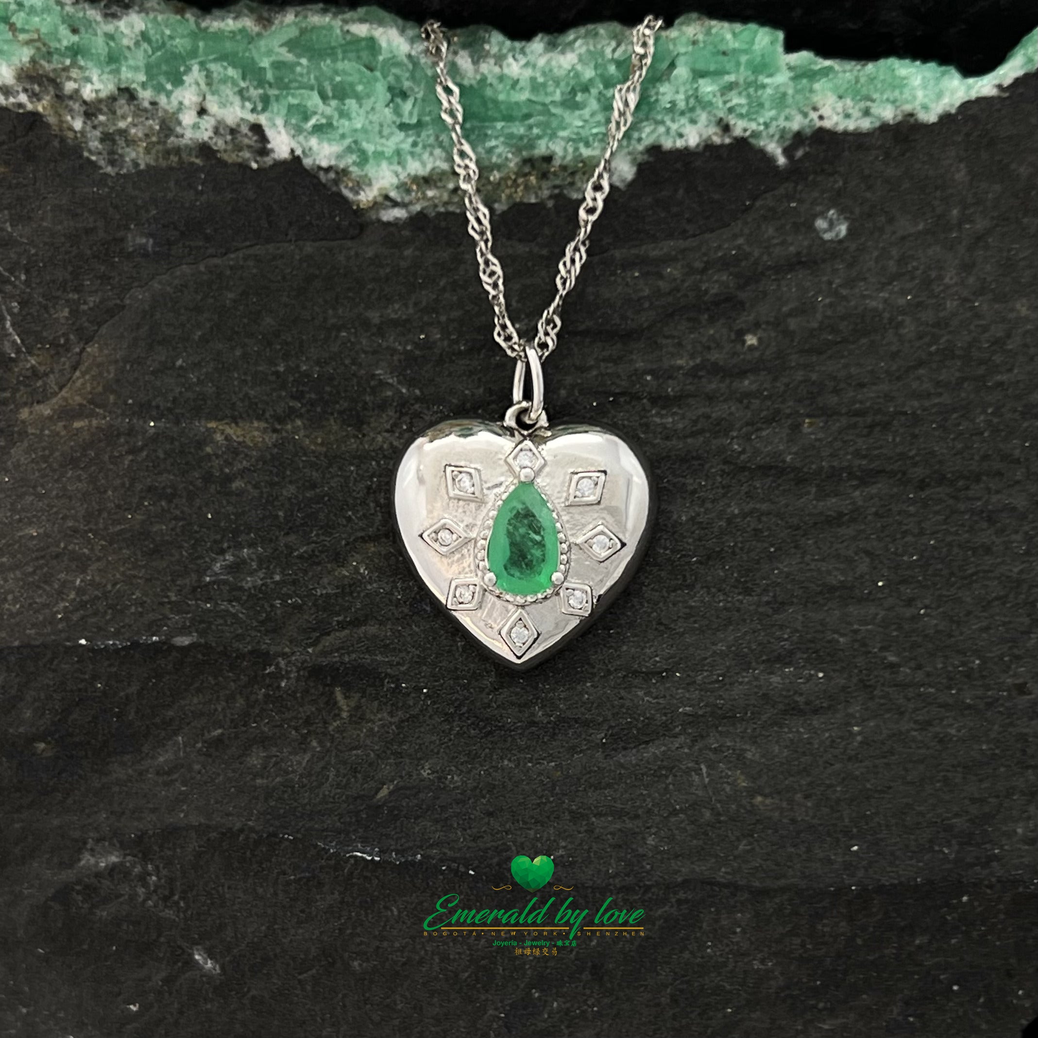 Sterling Silver Heart Pendant with Teardrop Colombian Emerald and Intricate Arabesque Details