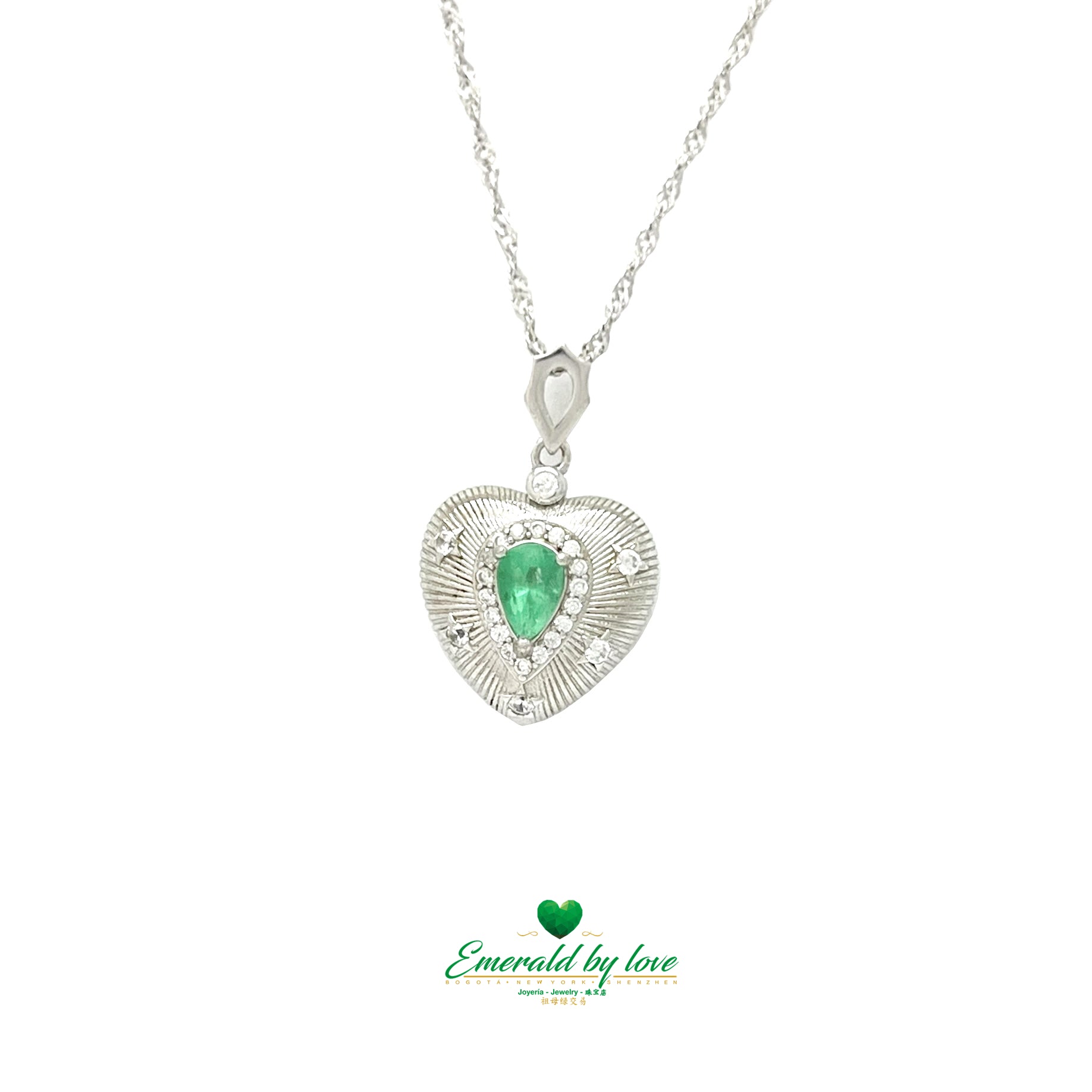 Sterling Silver Heart Pendant with Inverted Teardrop Colombian Emerald, Zircon Halo, and Engraved Line Details