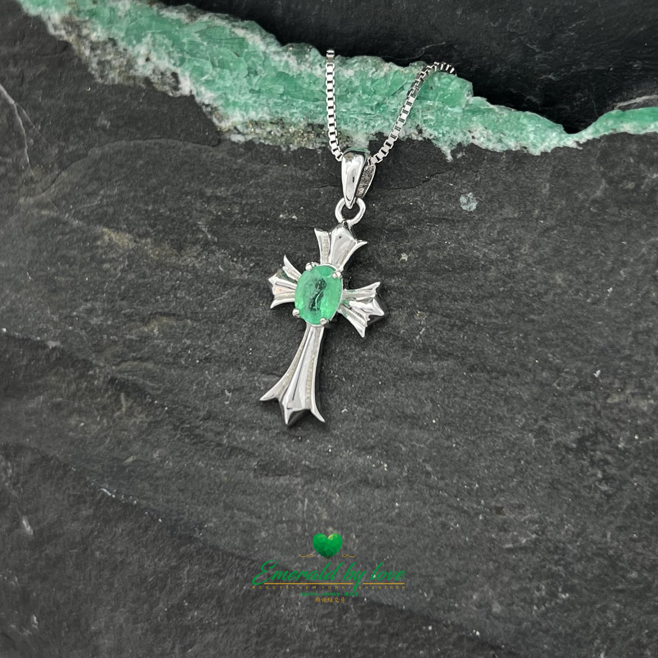 925 Silver Cross Pendant with Natural Oval Colombian Emerald