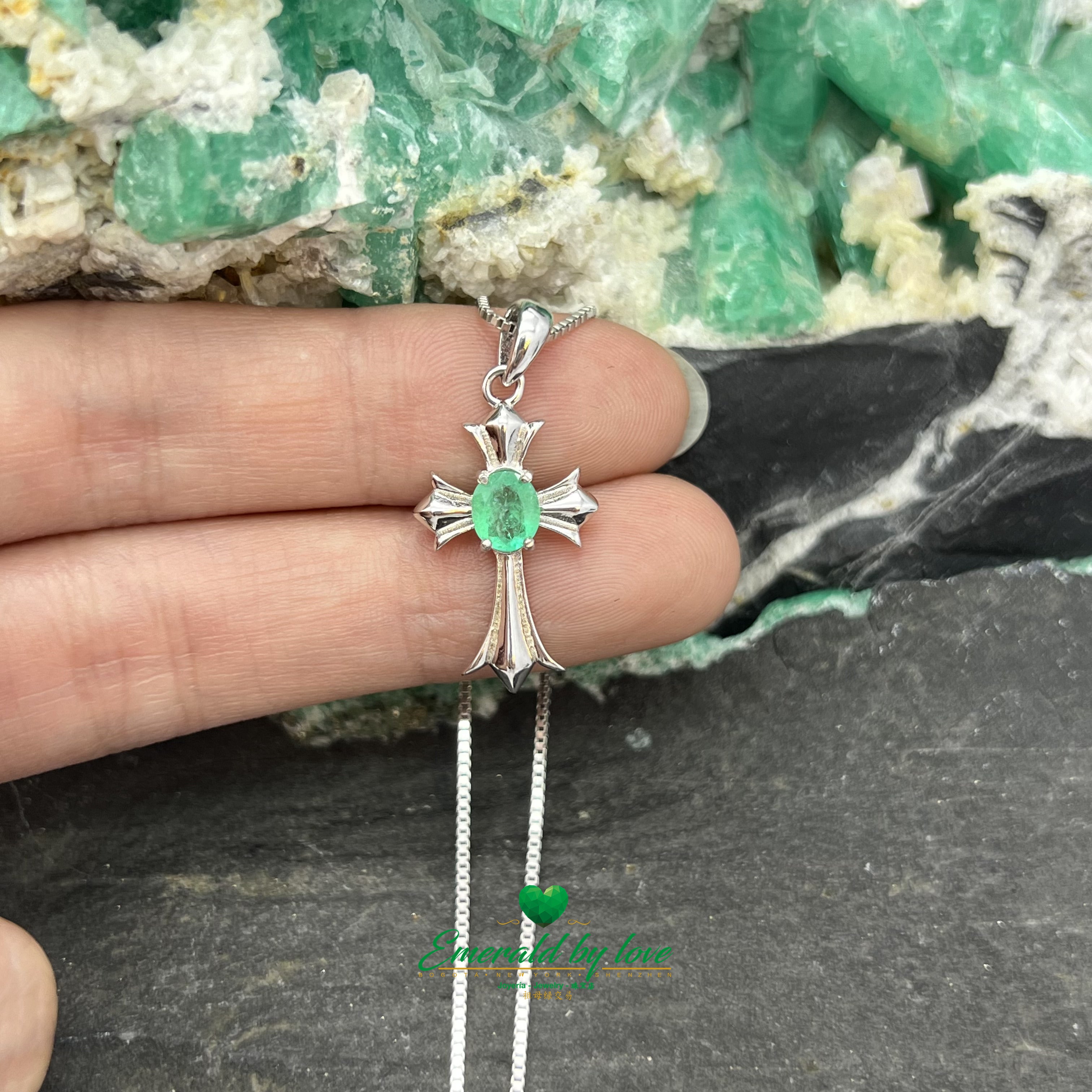 925 Silver Cross Pendant with Natural Oval Colombian Emerald