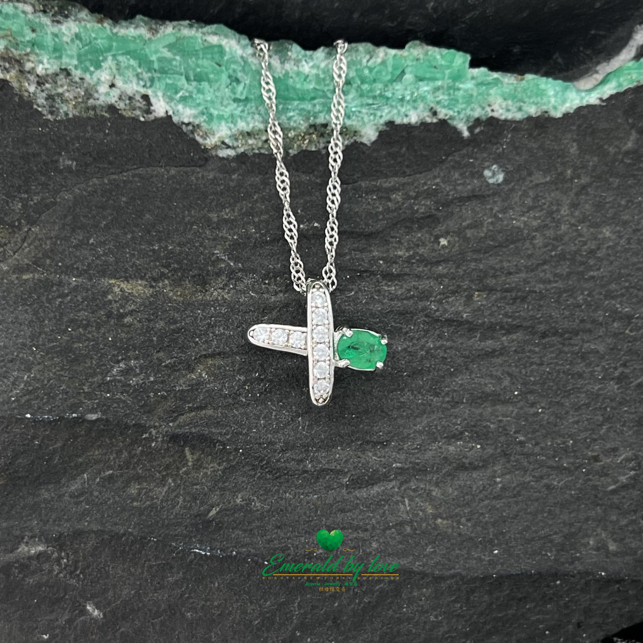 X-Shaped Pendant with Oval Colombian Emerald on One Tip