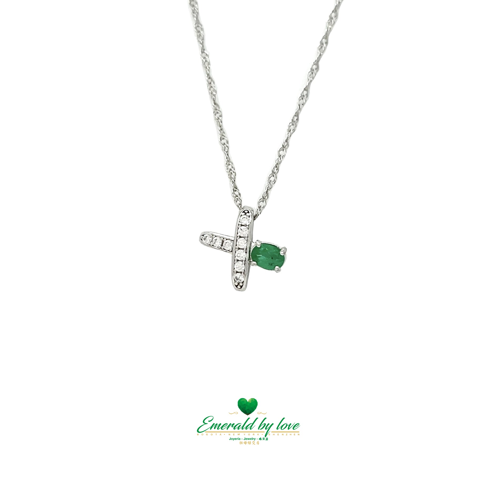 X-Shaped Pendant with Oval Colombian Emerald on One Tip