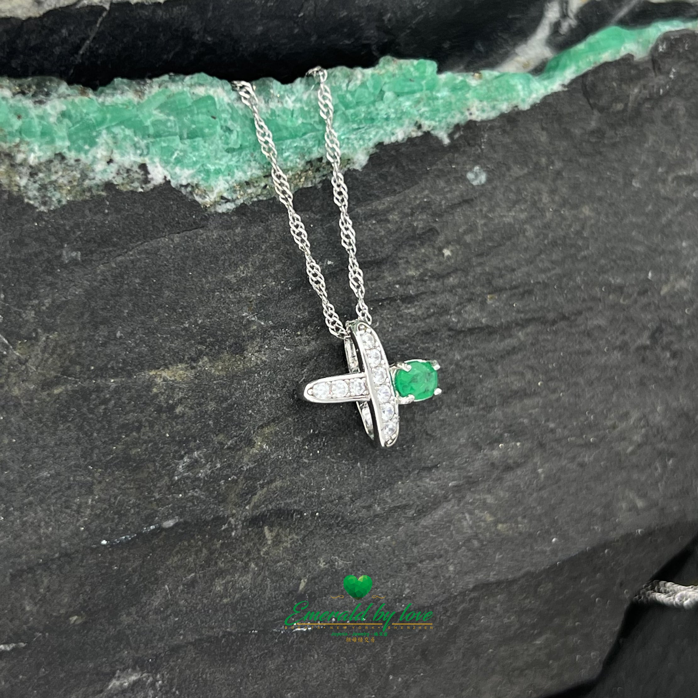 X-Shaped Pendant with Oval Colombian Emerald on One Tip