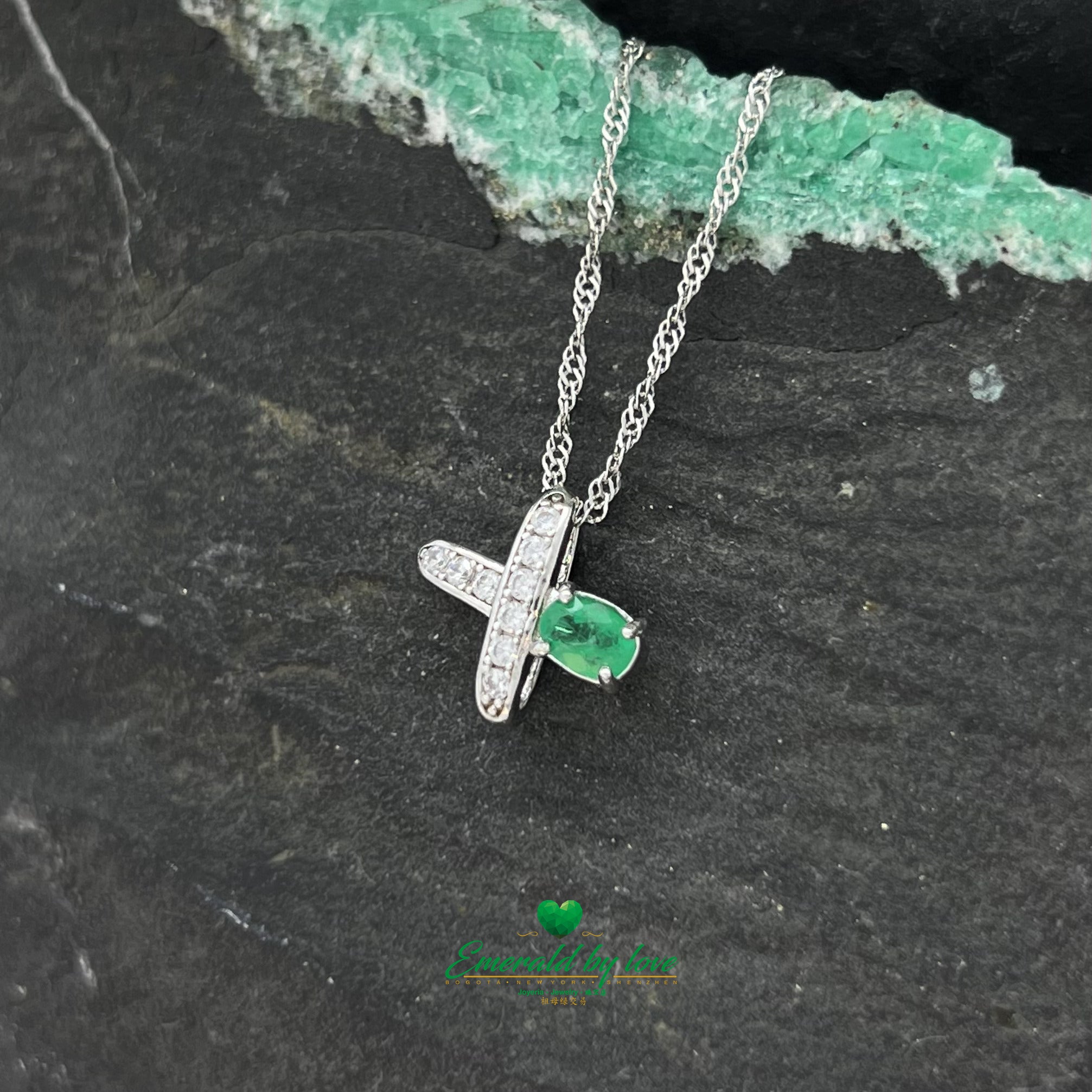 X-Shaped Pendant with Oval Colombian Emerald on One Tip