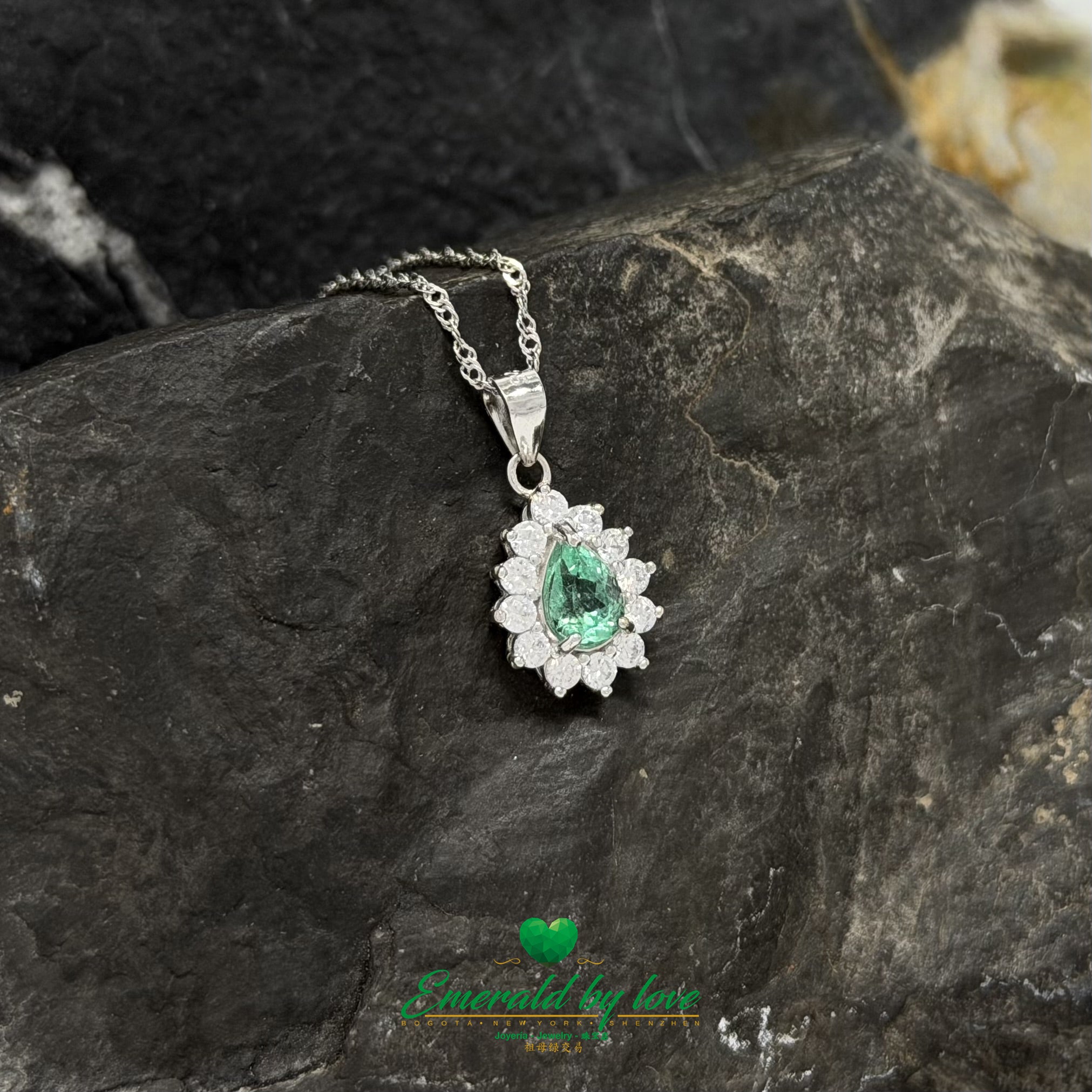 Marquise Pear-Shaped Emerald Pendant in Sterling Silver with White Zircon