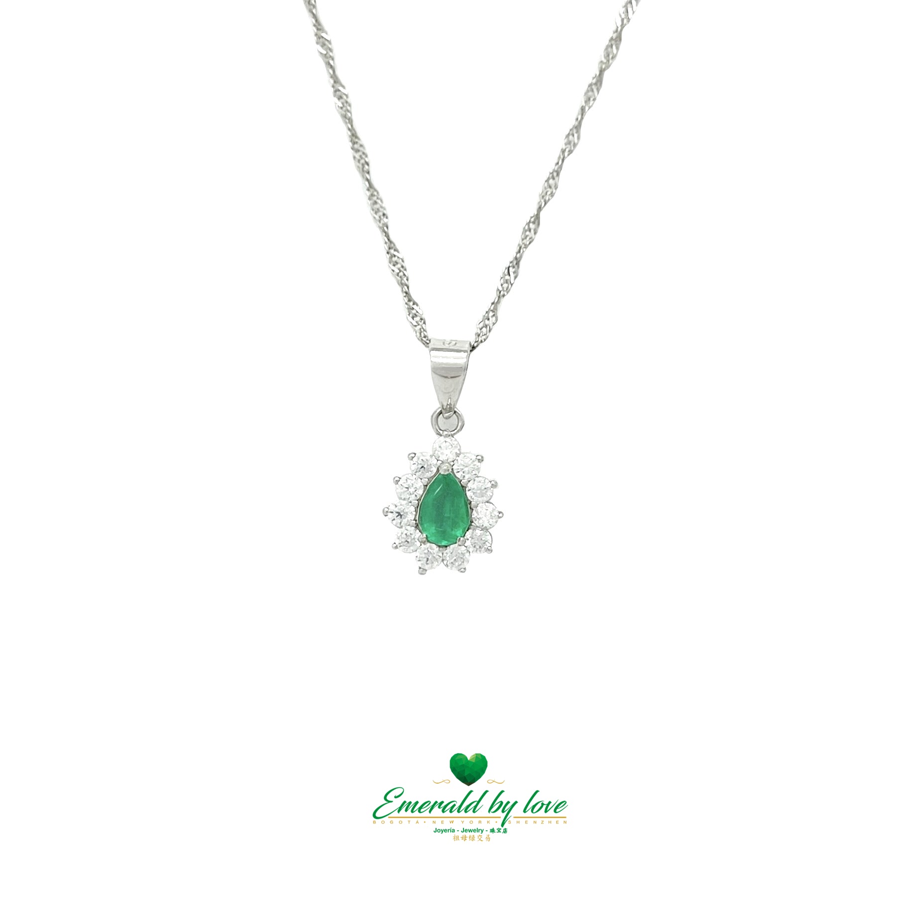 Traditional Sterling Silver Marquise Pendant with Teardrop Colombian Emerald and Zircon Halo