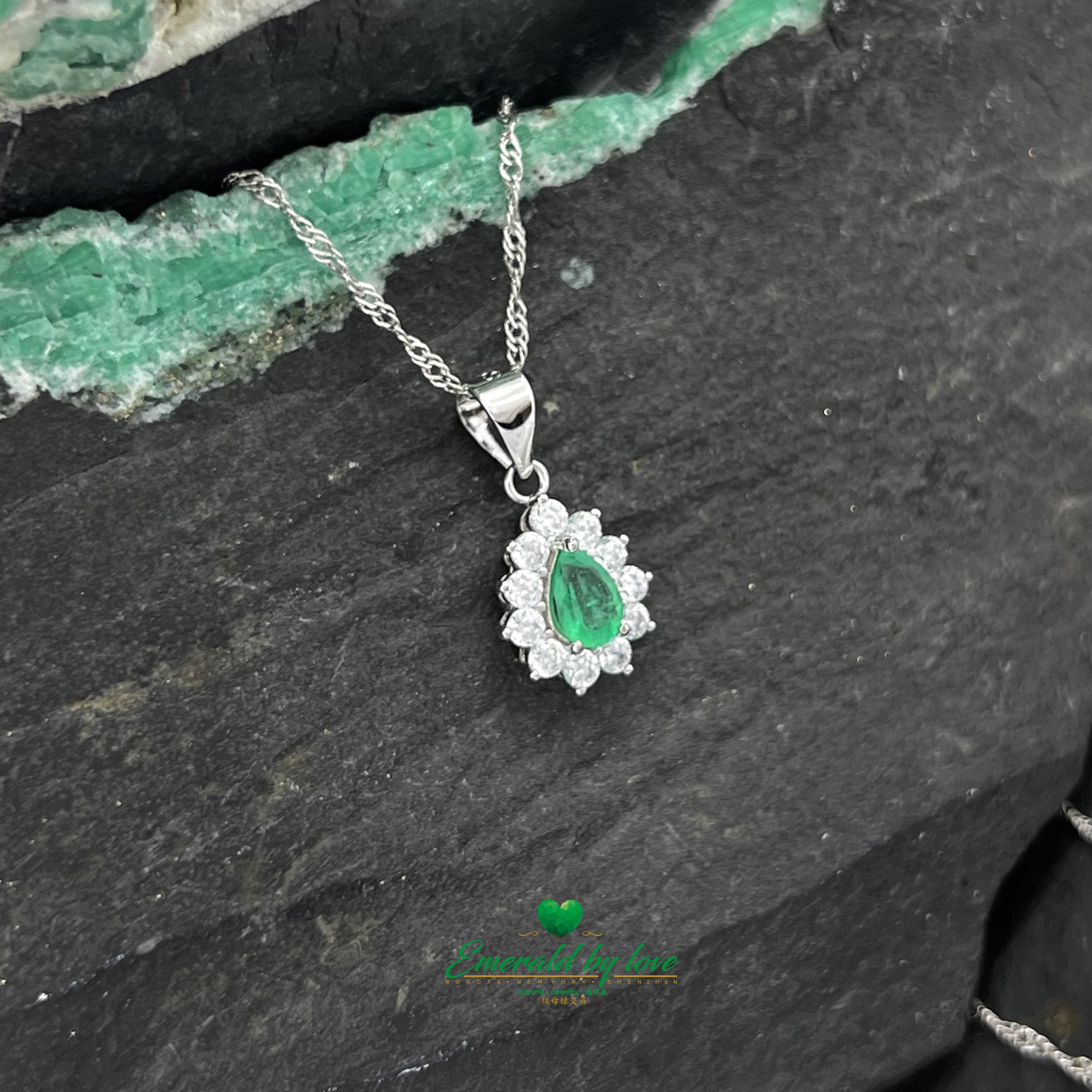 Traditional Sterling Silver Marquise Pendant with Teardrop Colombian Emerald and Zircon Halo