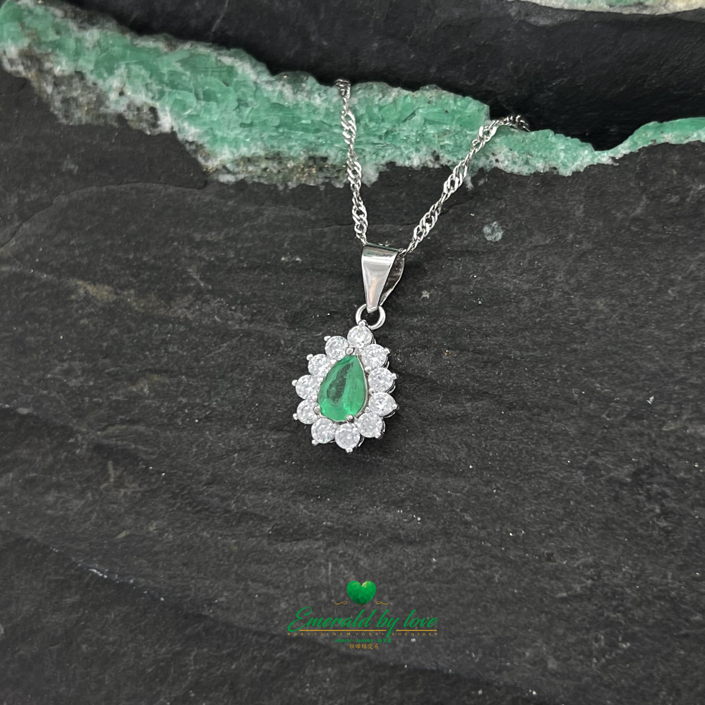 Traditional Sterling Silver Marquise Pendant with Teardrop Colombian Emerald and Zircon Halo