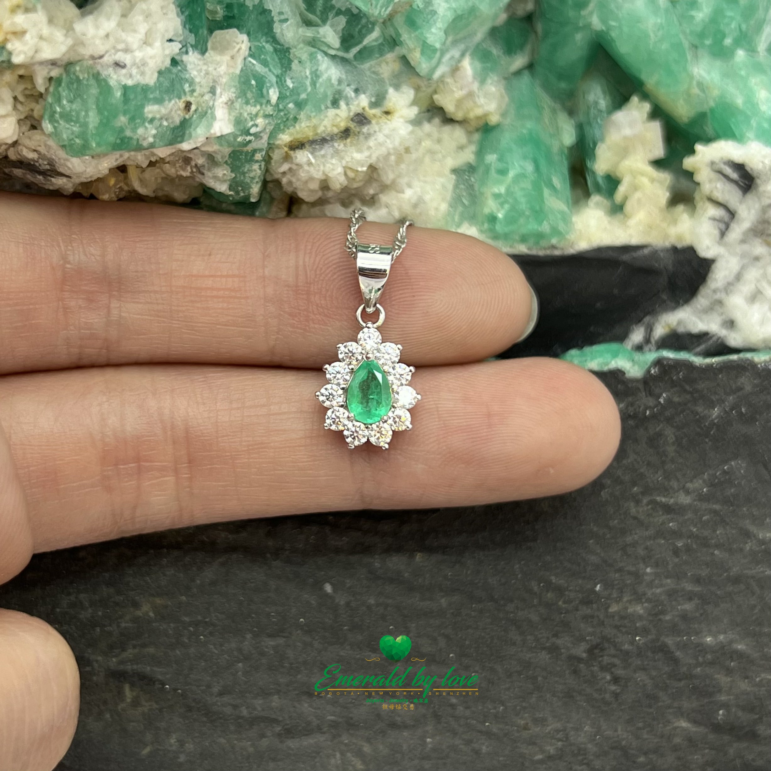 Traditional Sterling Silver Marquise Pendant with Teardrop Colombian Emerald and Zircon Halo