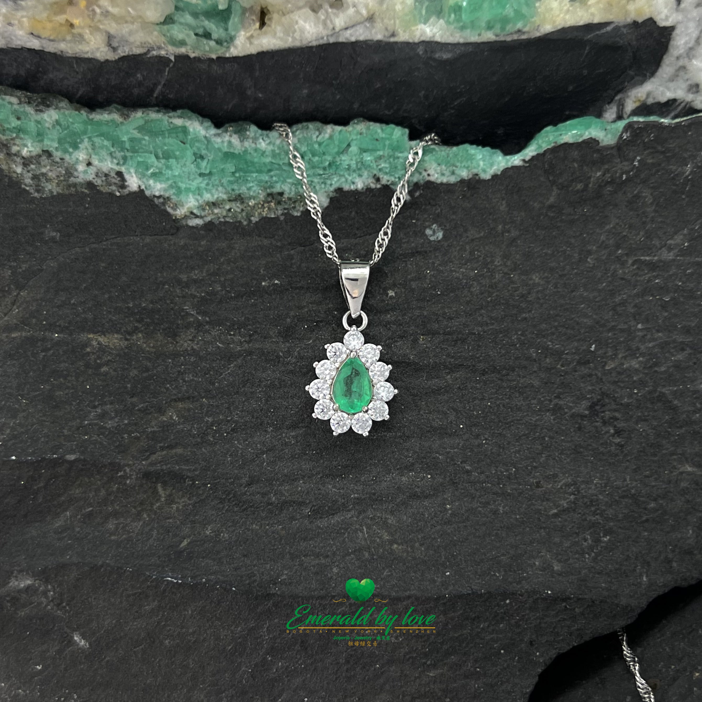 Traditional Sterling Silver Marquise Pendant with Teardrop Colombian Emerald and Zircon Halo