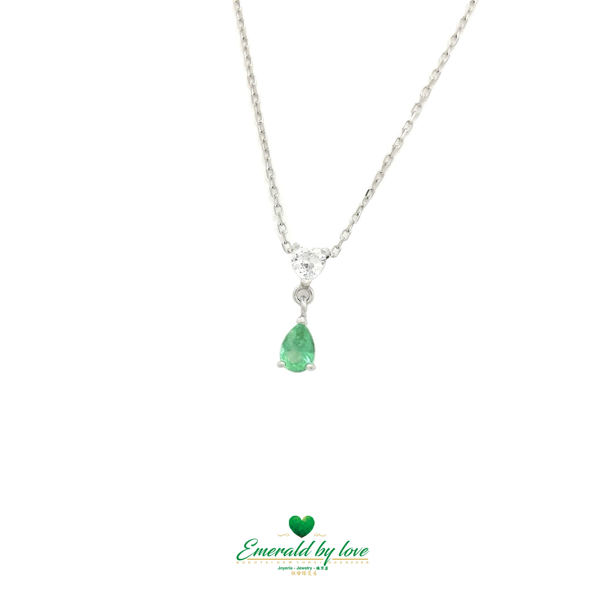 Pendentif en argent avec cœur en zircon blanc et émeraude colombienne en forme de larme 