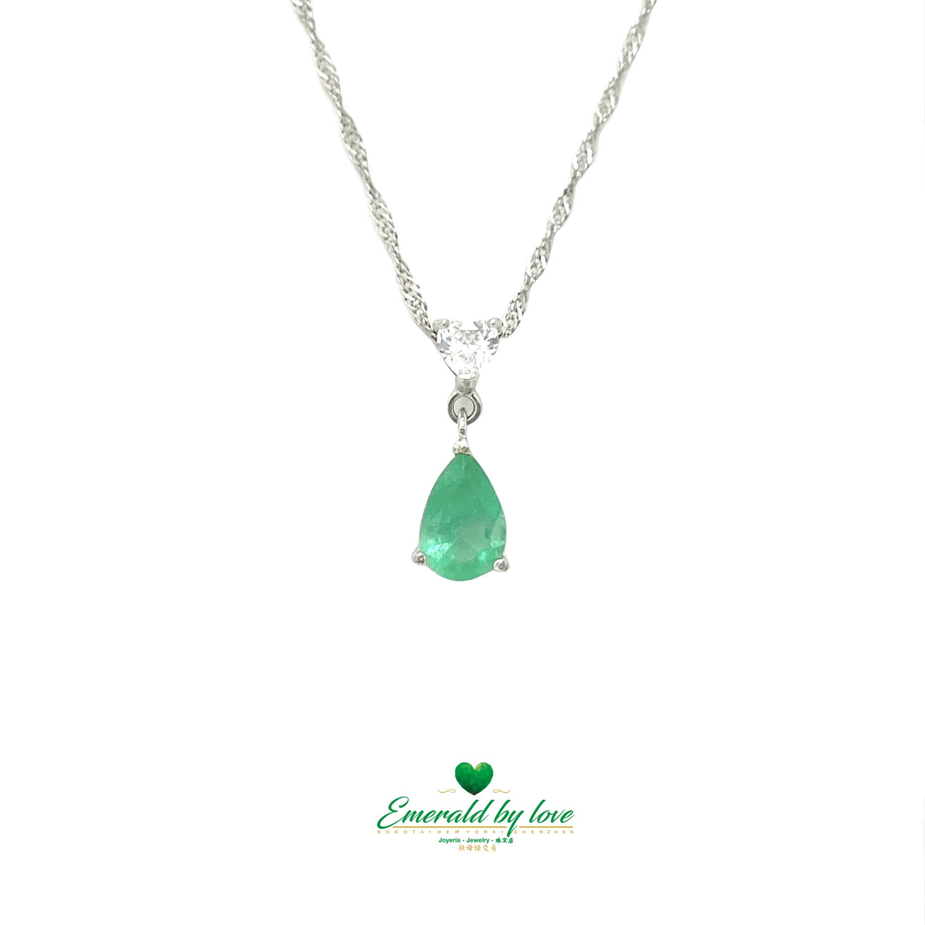 Silver Pendant with White Zircon Heart and Tear-Shaped Colombian Emerald