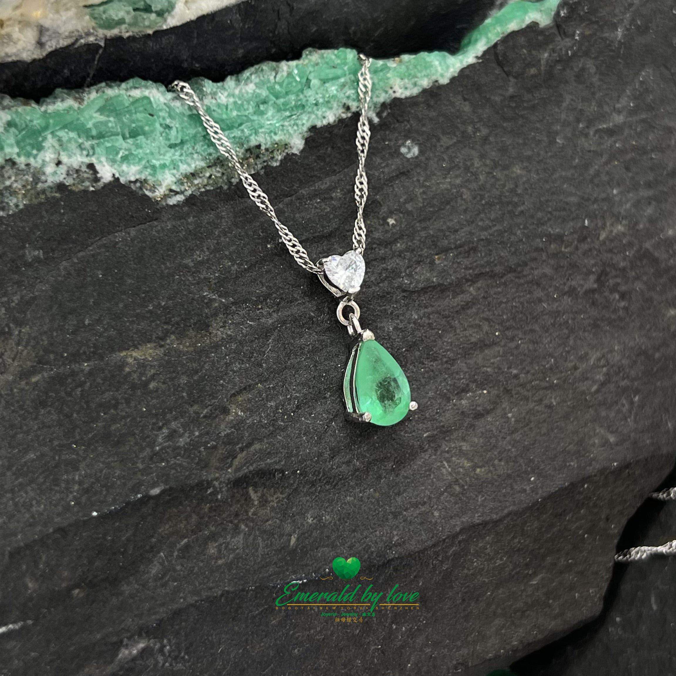 Silver Pendant with White Zircon Heart and Tear-Shaped Colombian Emerald