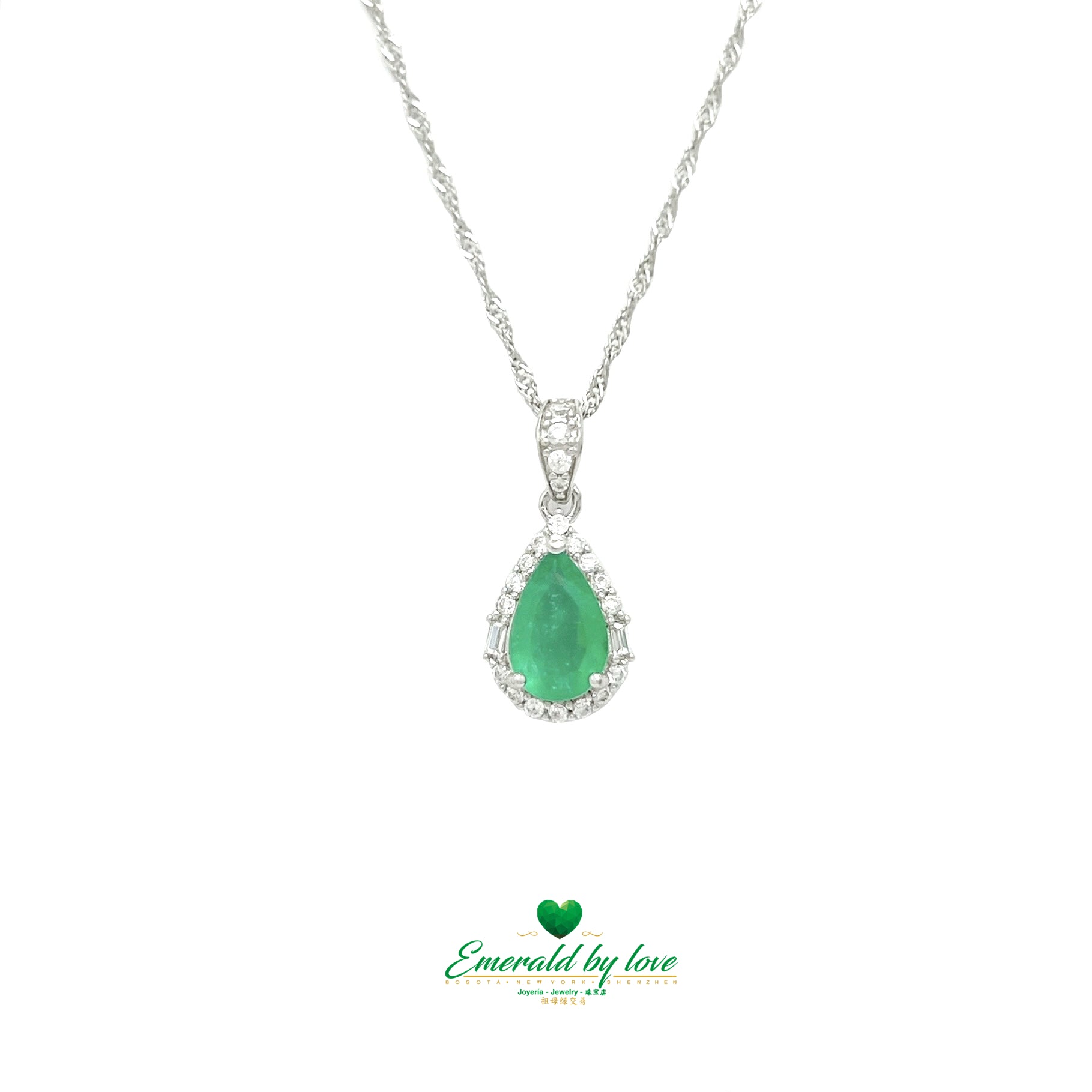 Beautiful Pendant with Pear-Shaped Emerald Surrounded by White Zircons