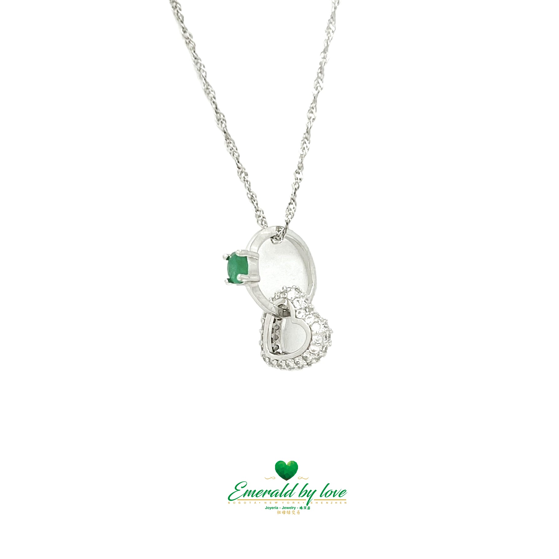 Double Pendant Necklace with Zircon Heart and Intertwined Ring with Round Emerald