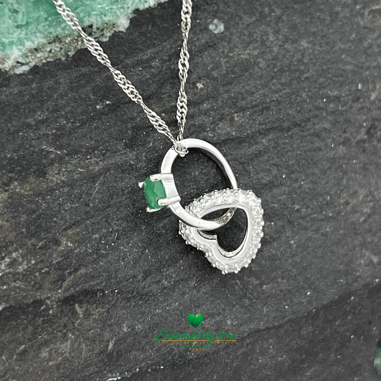 Double Pendant Necklace with Zircon Heart and Intertwined Ring with Round Emerald