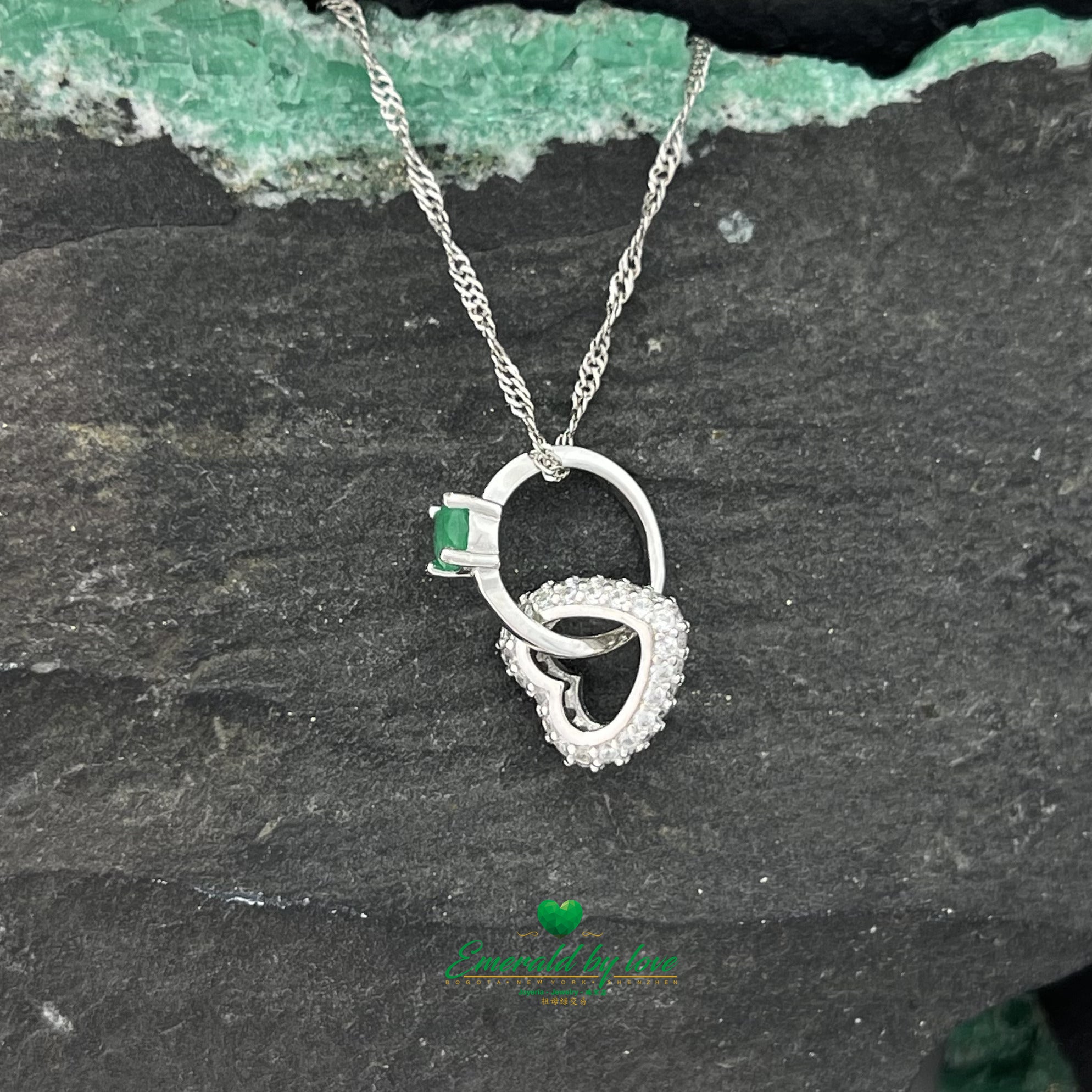 Double Pendant Necklace with Zircon Heart and Intertwined Ring with Round Emerald