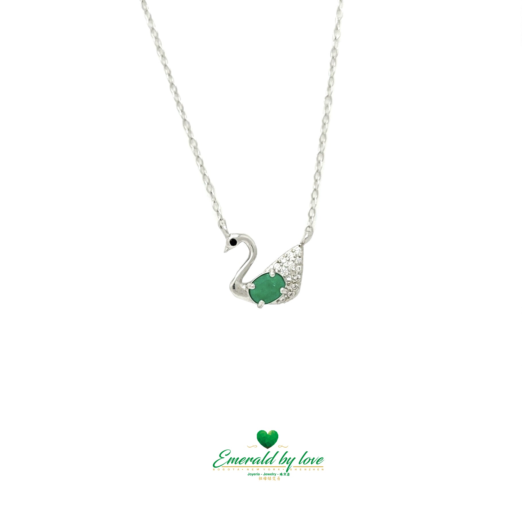 Delicate Silver Swan Pendant with Zircons and Central Oval Emerald