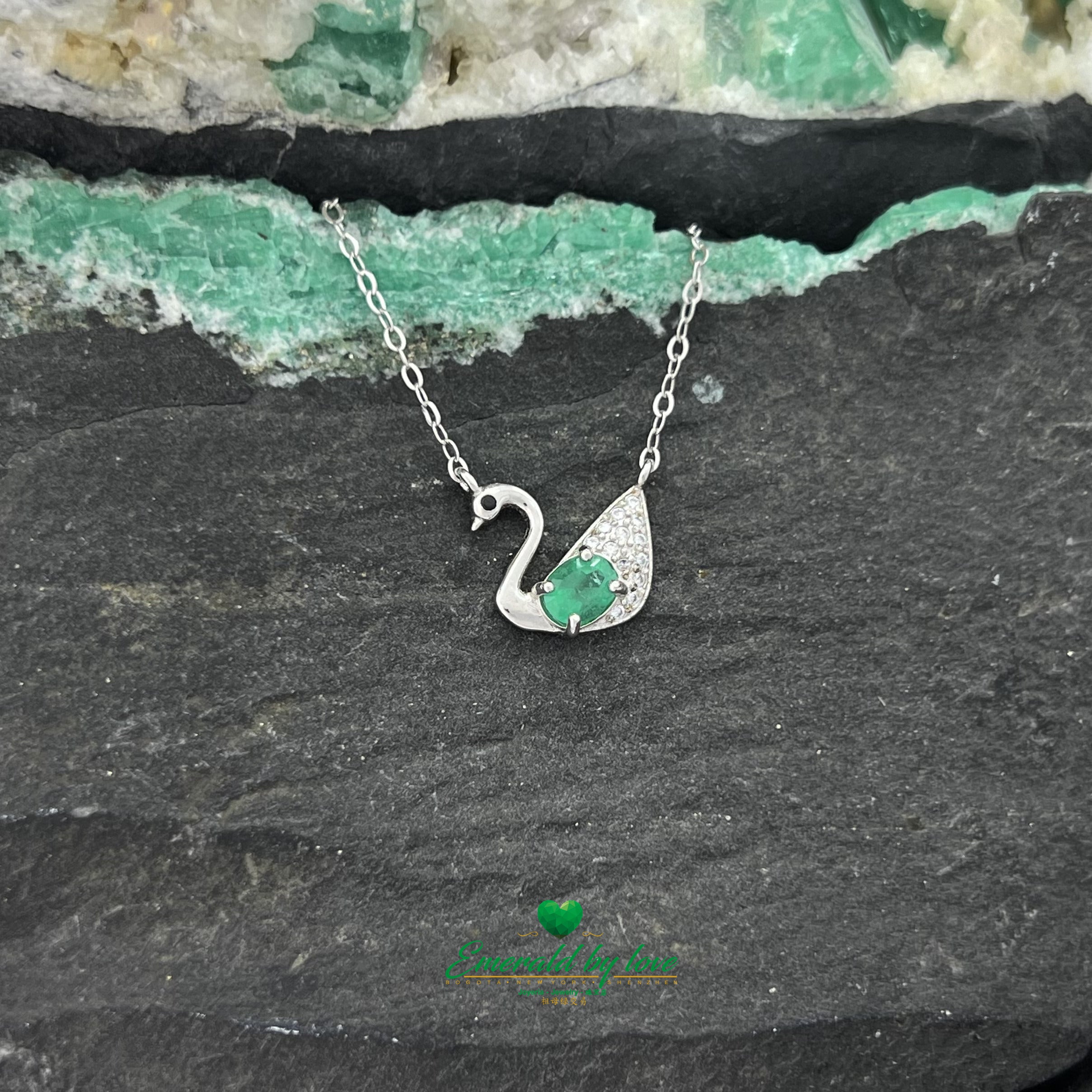 Delicate Silver Swan Pendant with Zircons and Central Oval Emerald