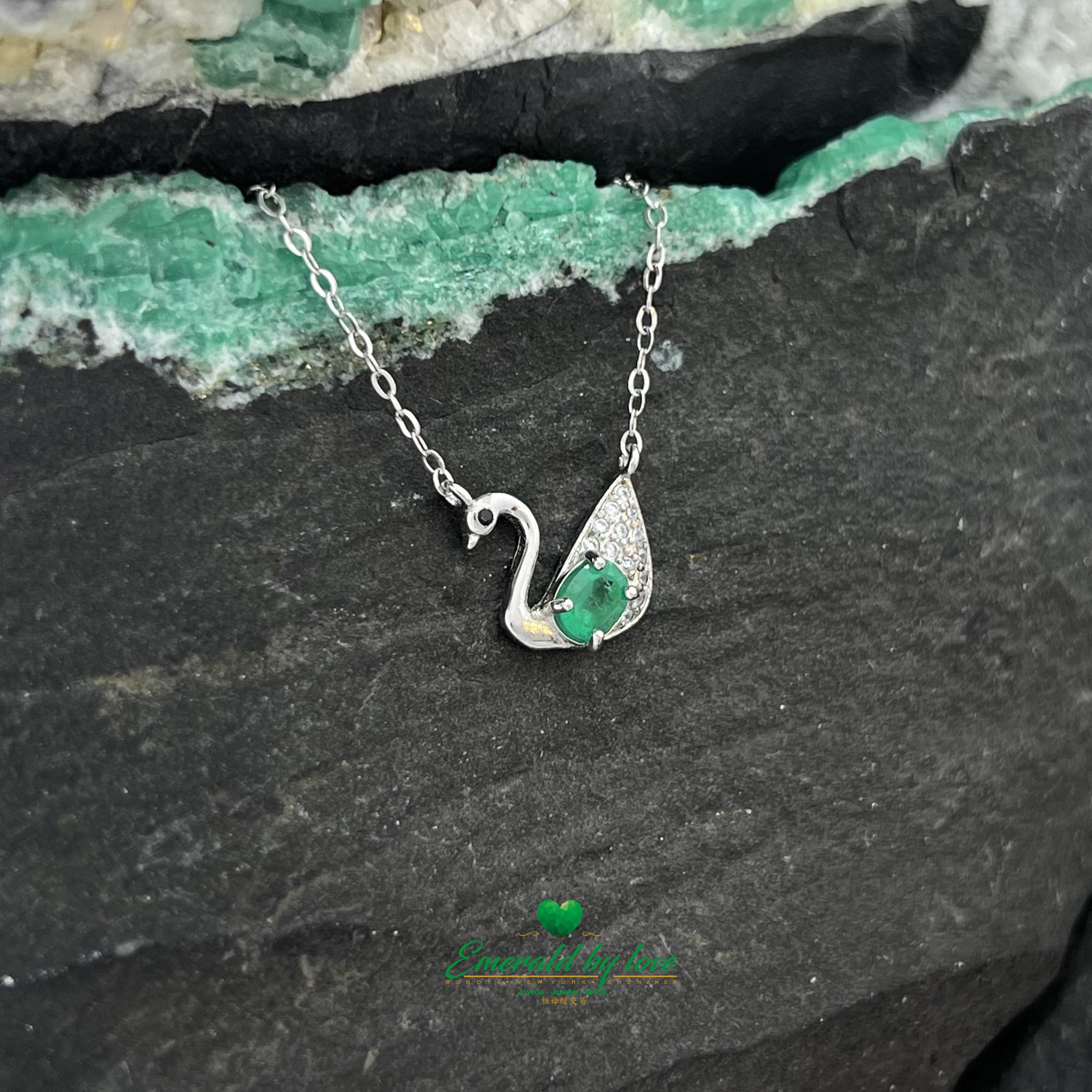 Delicate Silver Swan Pendant with Zircons and Central Oval Emerald