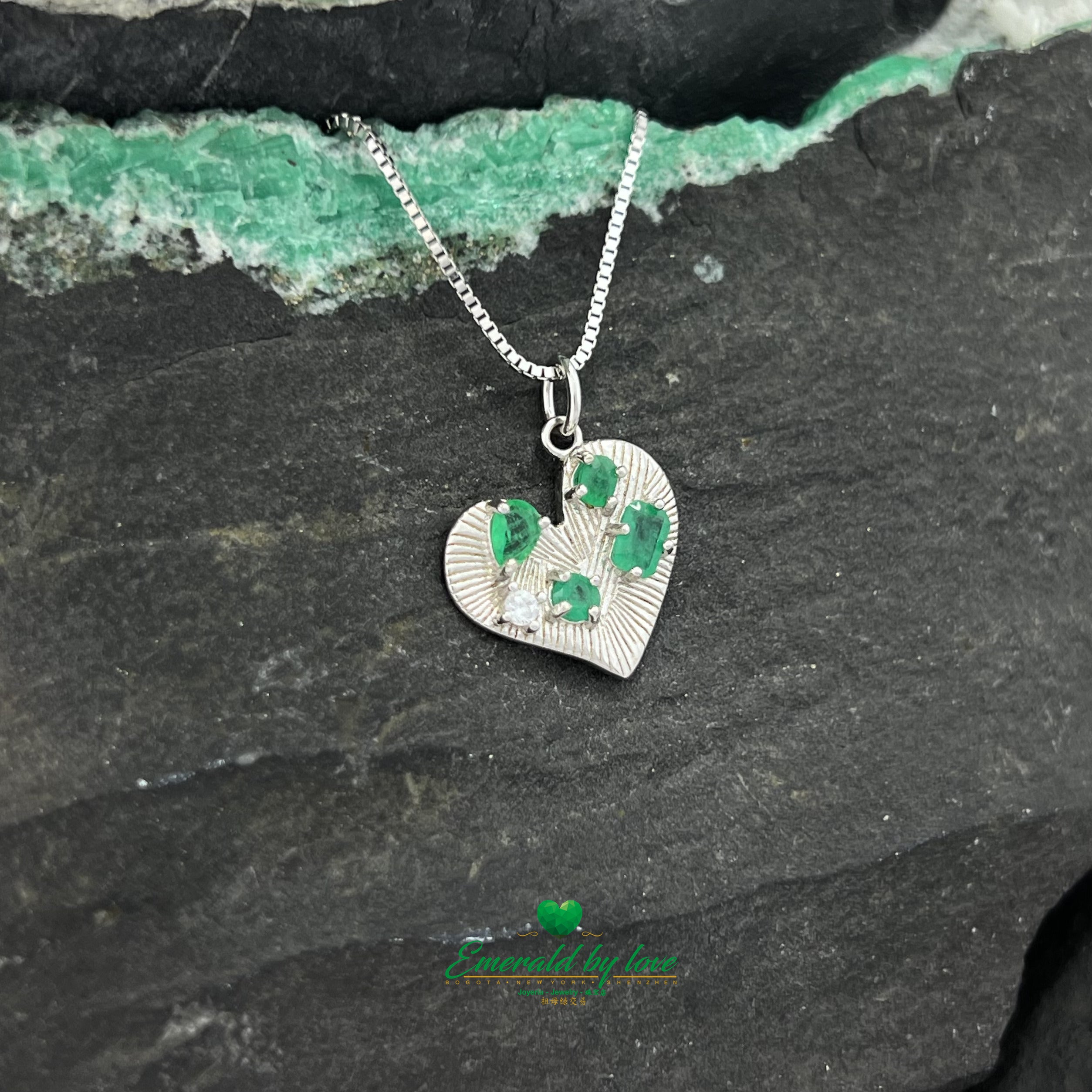 Silver Heart-Shaped Pendant with Mixed Emeralds and Zircon