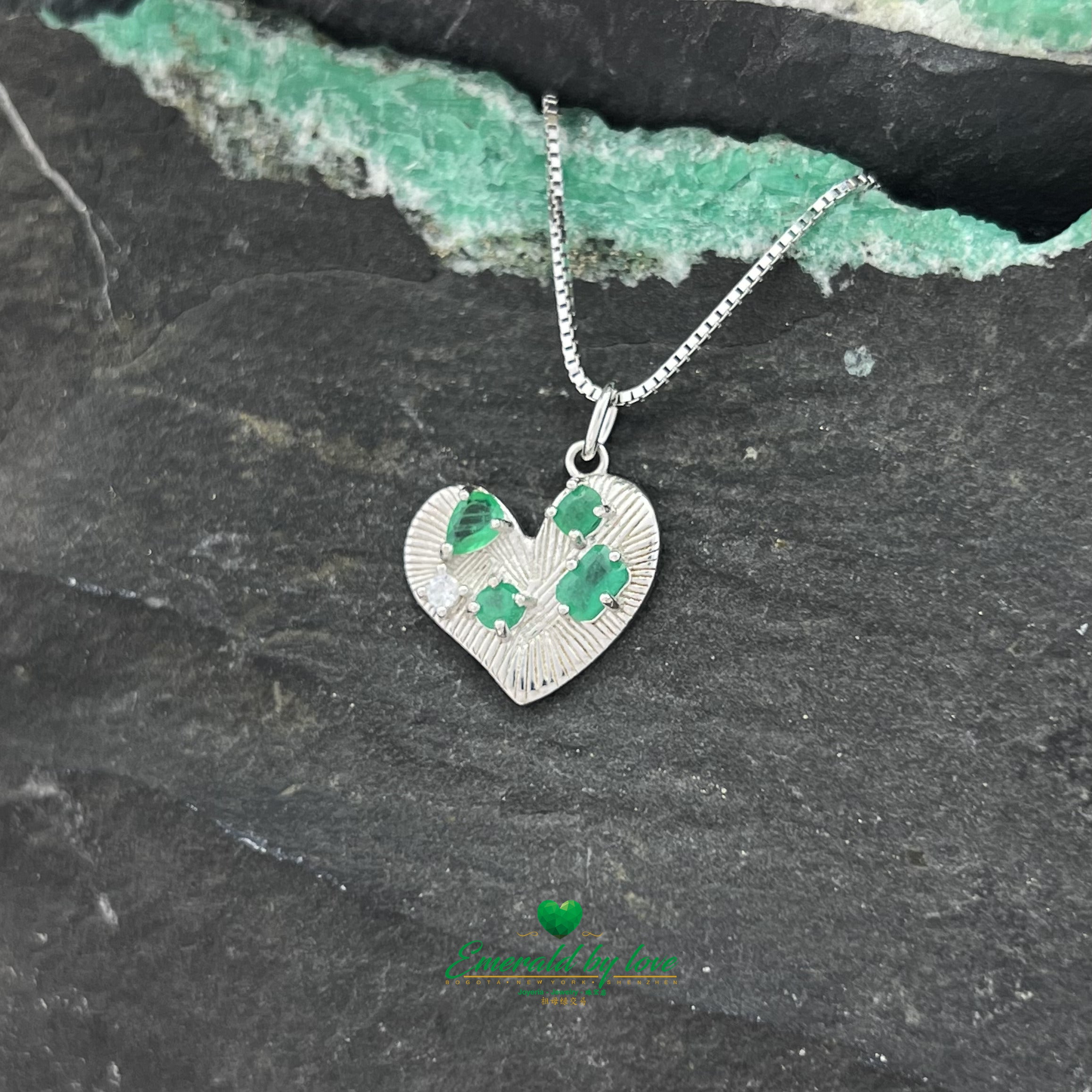 Silver Heart-Shaped Pendant with Mixed Emeralds and Zircon