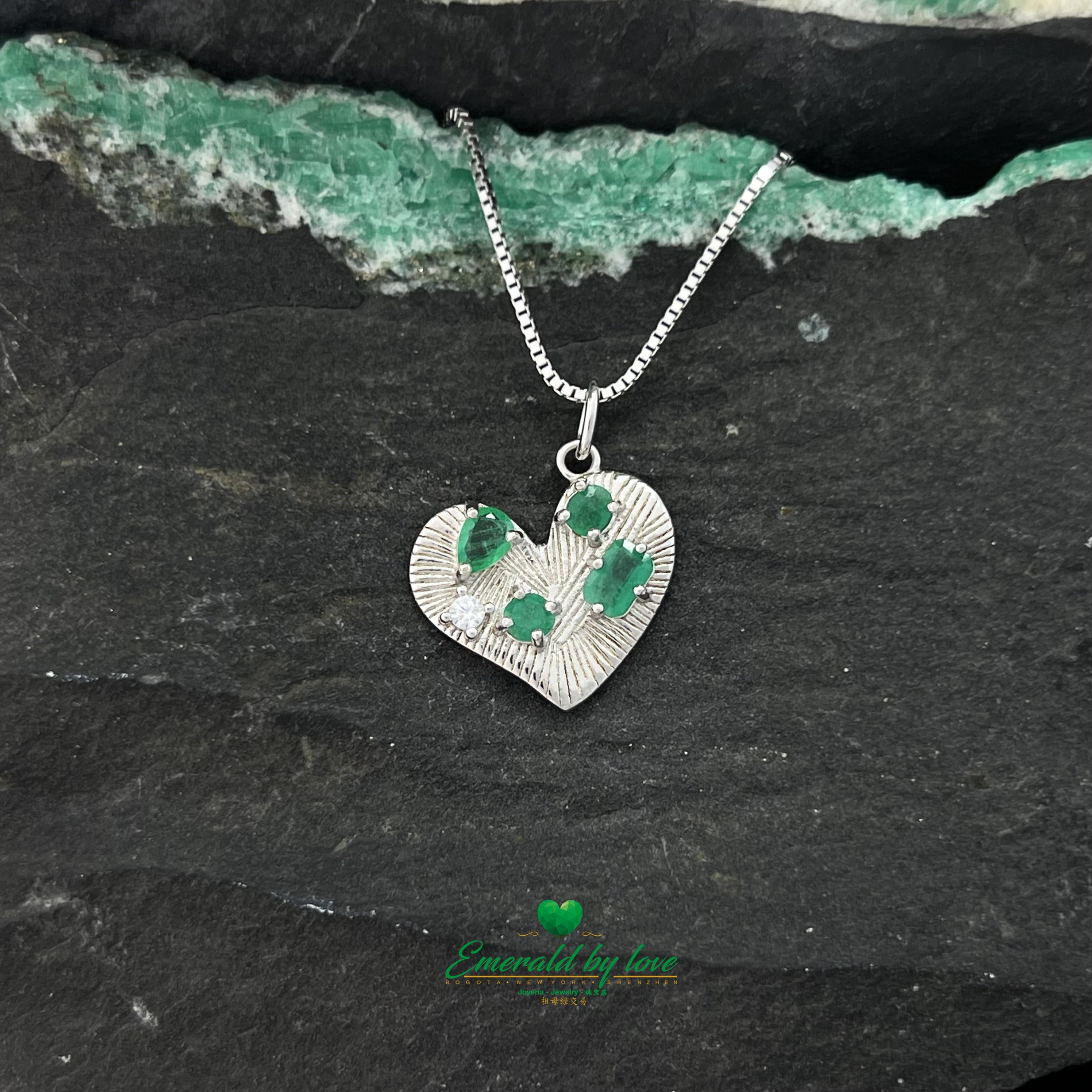 Silver Heart-Shaped Pendant with Mixed Emeralds and Zircon