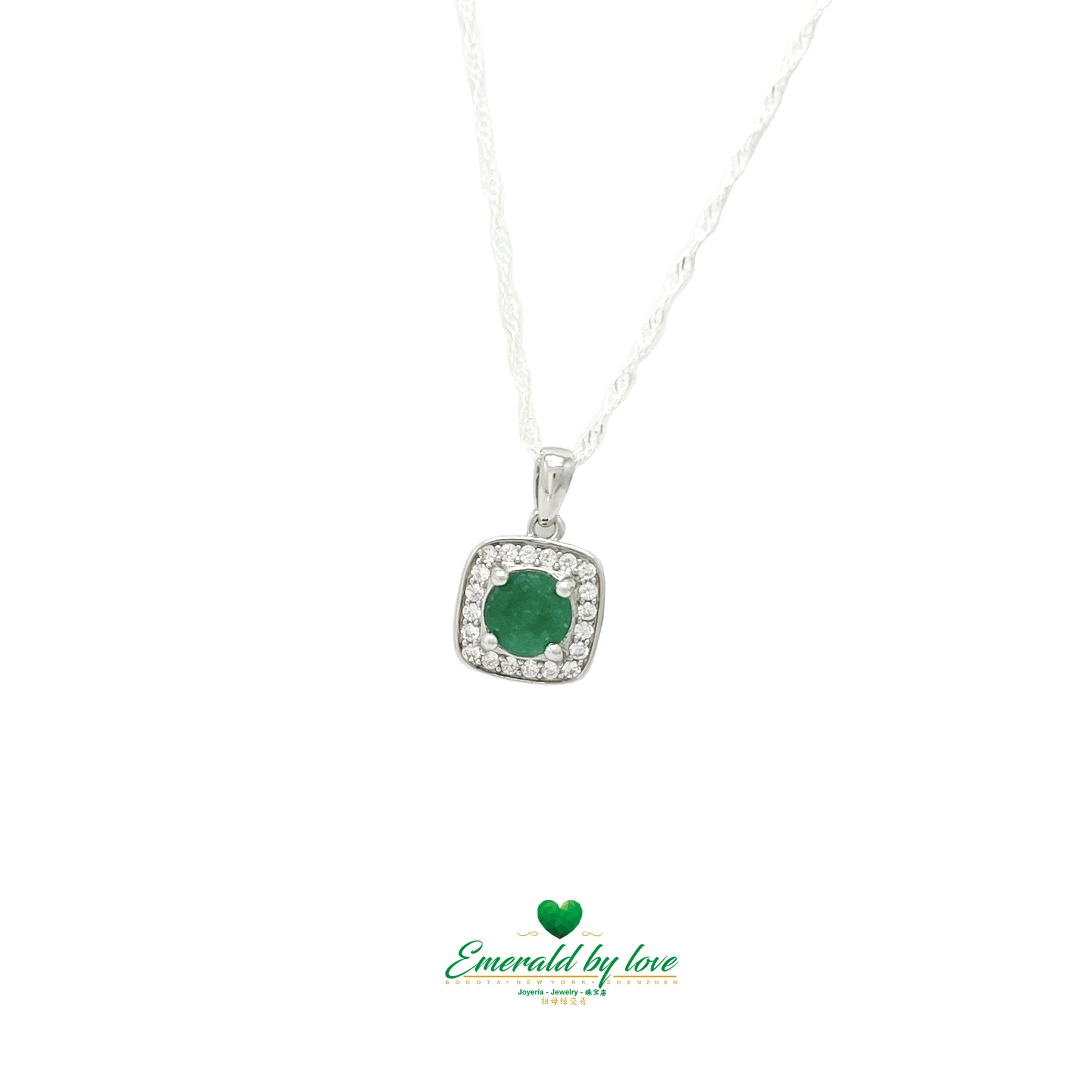 Square Pendant with Rounded Corners and Central Round Emerald