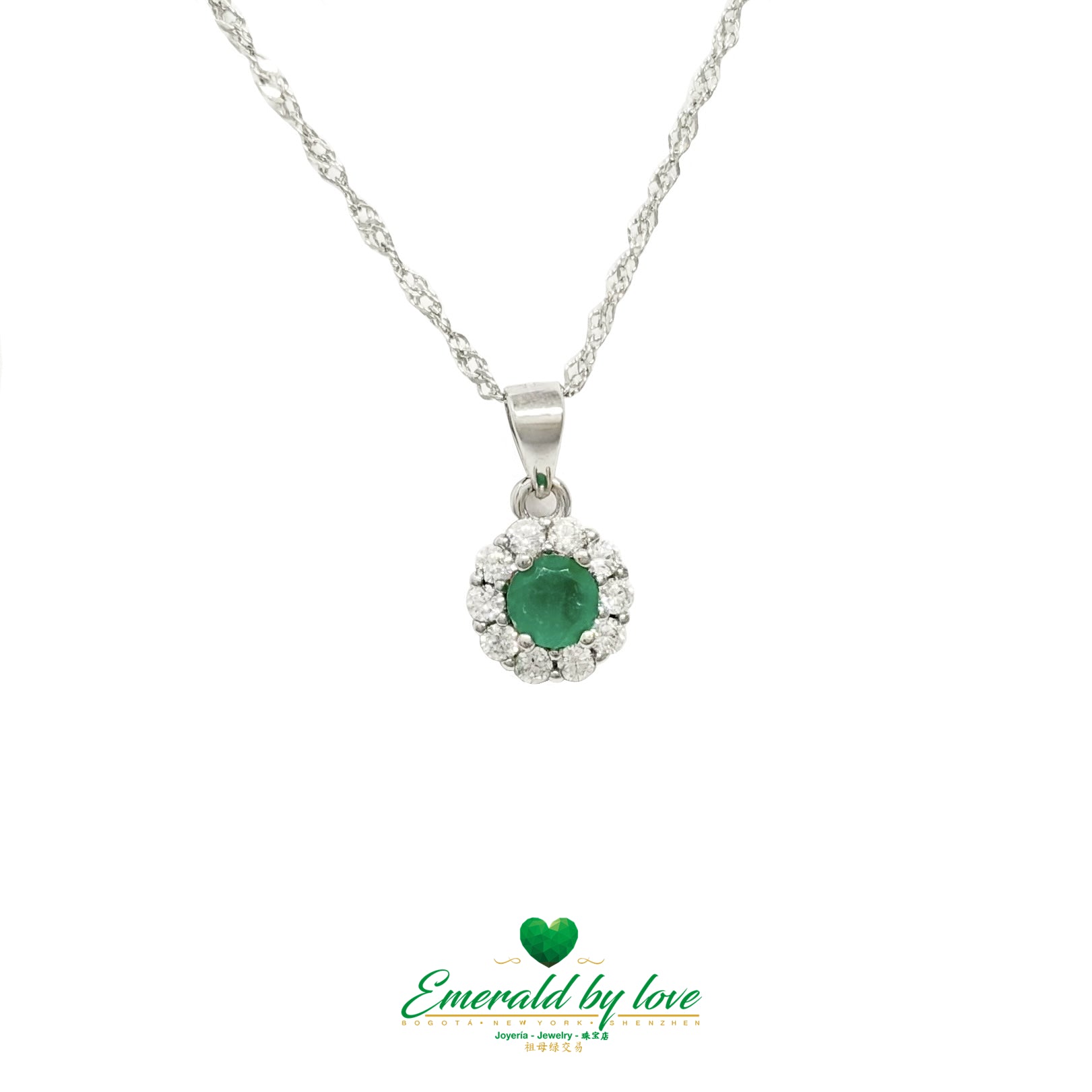 Round Emerald Floral Halo Pendant in Sterling Silver with White Zircon