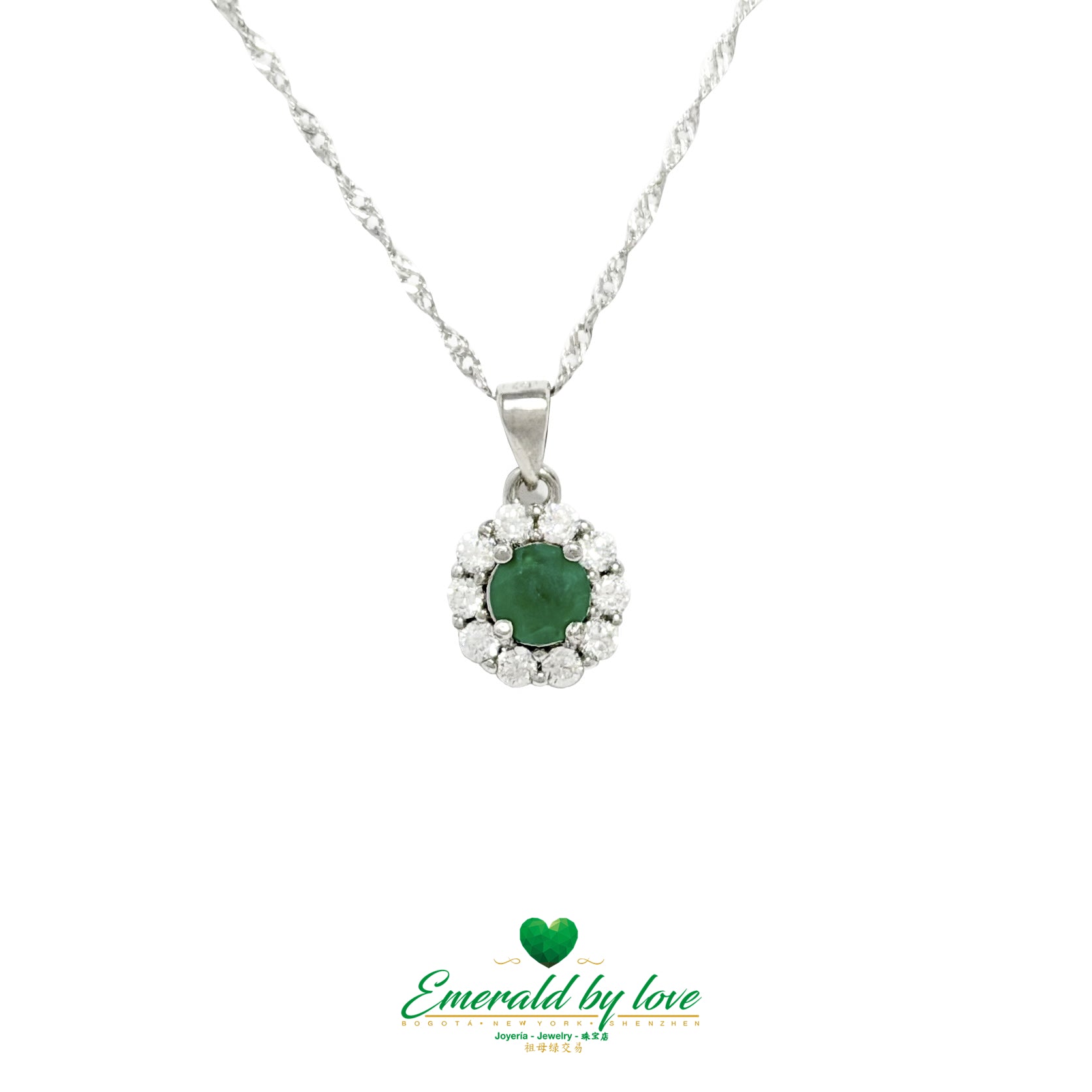 Round Floral Pendant with Colombian Emerald in Sterling Silver and White Zircon