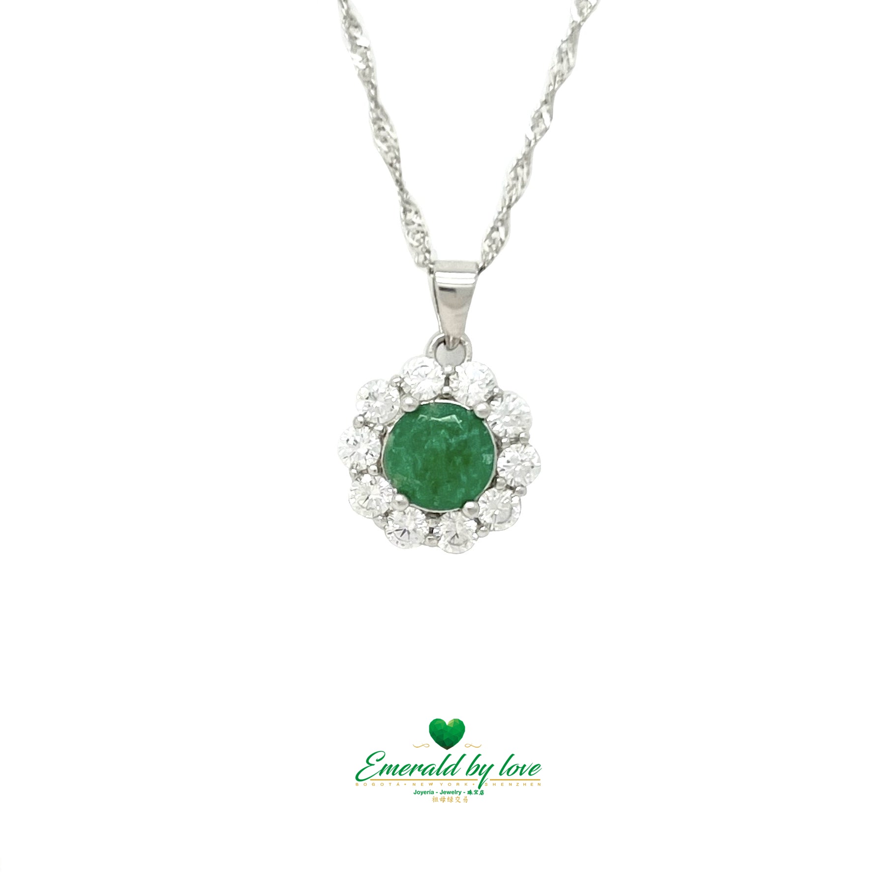 Silver Flower Pendant with Central Round Emerald and White Zircon Petals